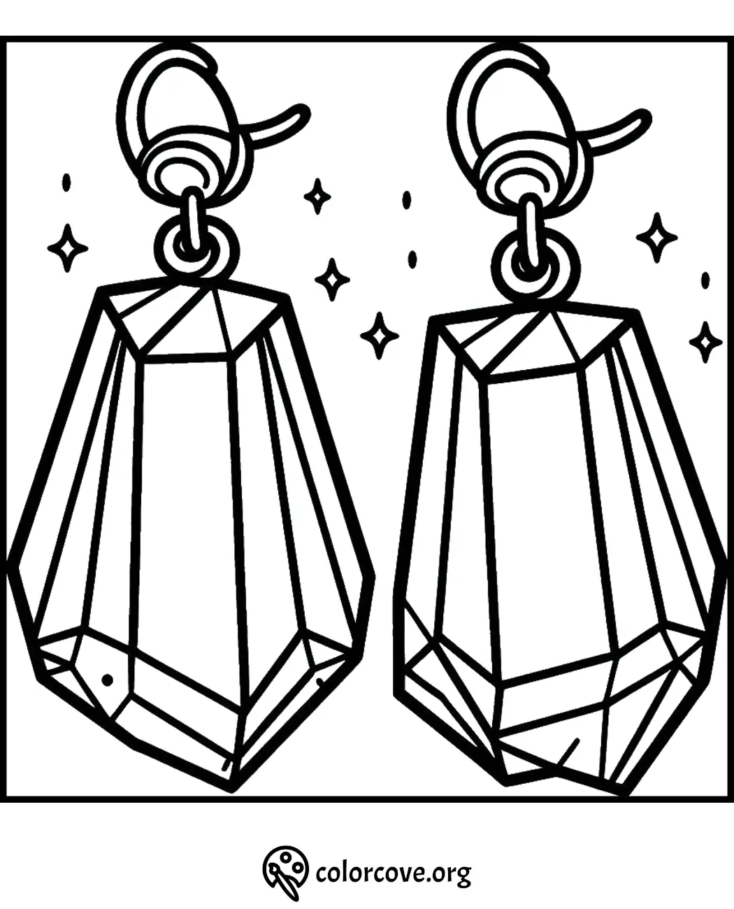 Coloring page of faceted crystal earrings with sparkles, ideal for jewelry enthusiasts.