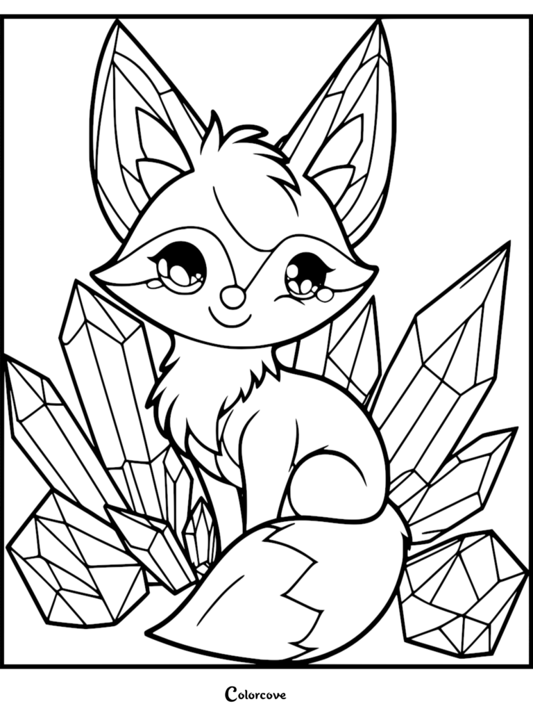 A cute chibi fox sitting in front of large geometric crystals in this printable coloring page.