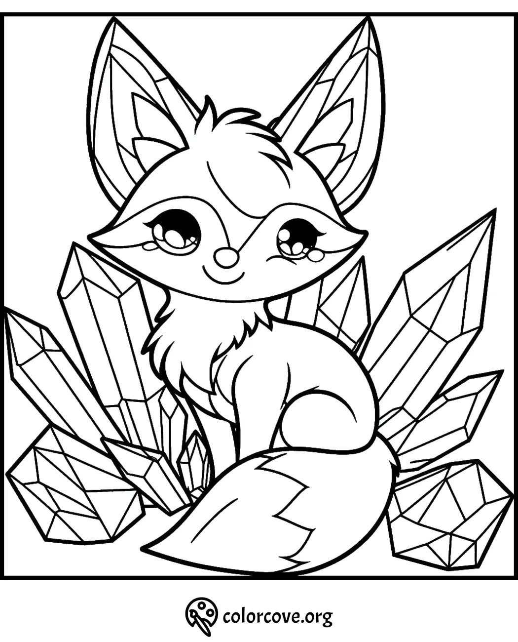 Cute fox with crystals coloring page for kids and adults to print and color. Fun art activity.