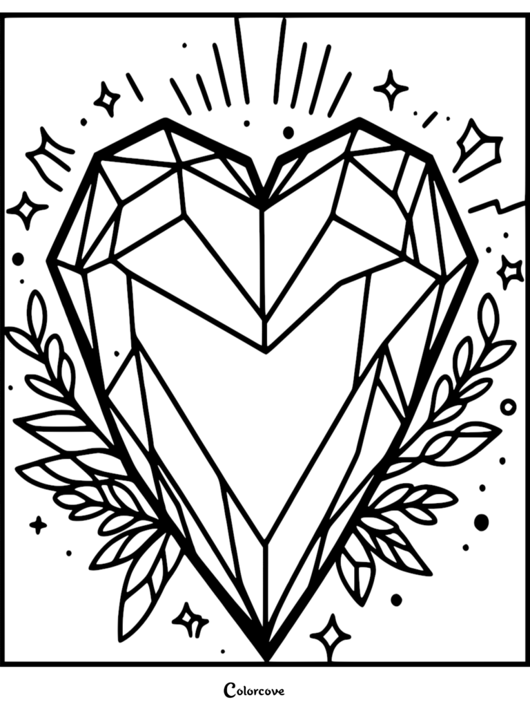 A geometric heart-shaped crystal coloring page surrounded by leafy branches and sparkling stars.