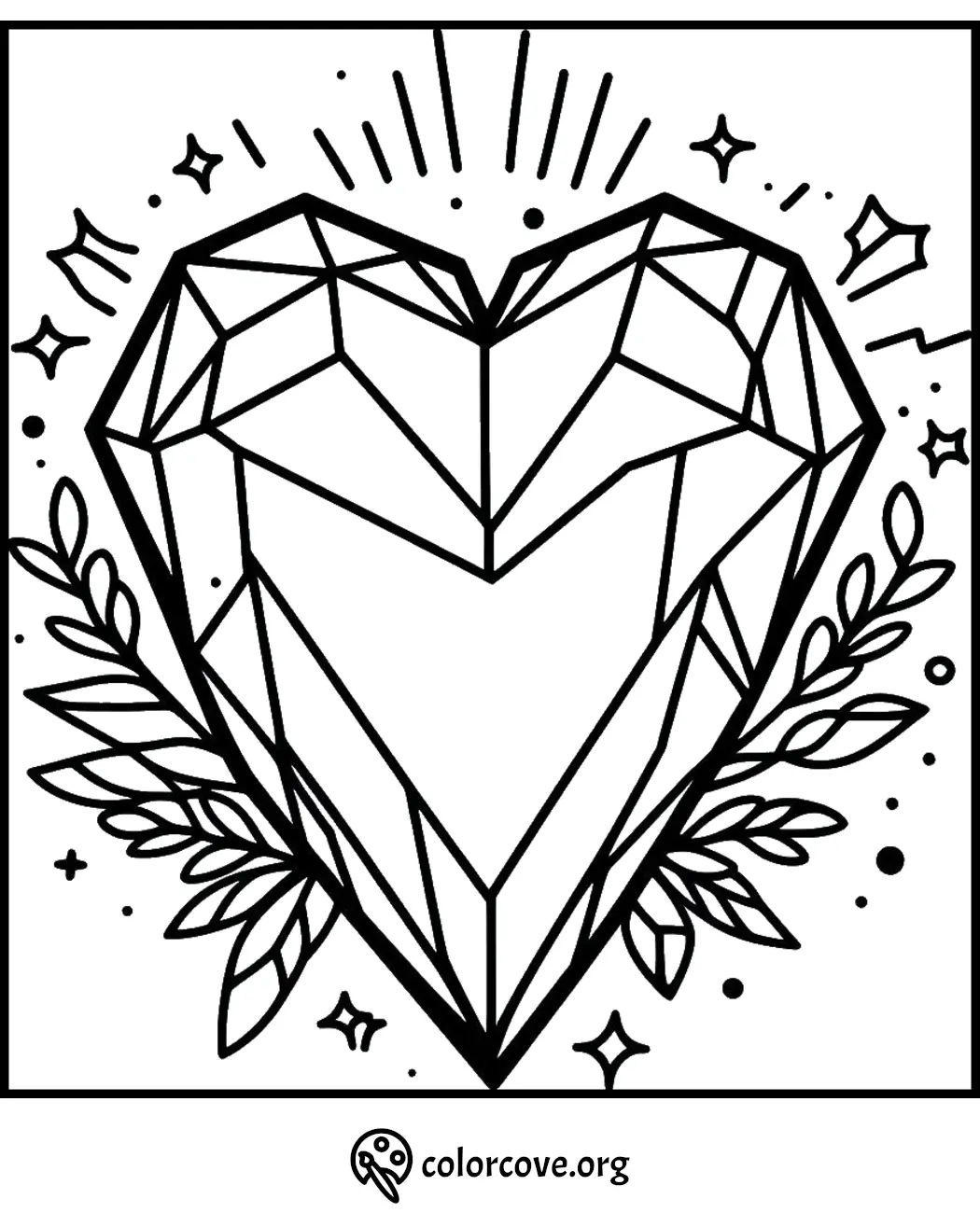 Geometric heart coloring page with star accents and leaves, perfect for stress relief and creative expression.