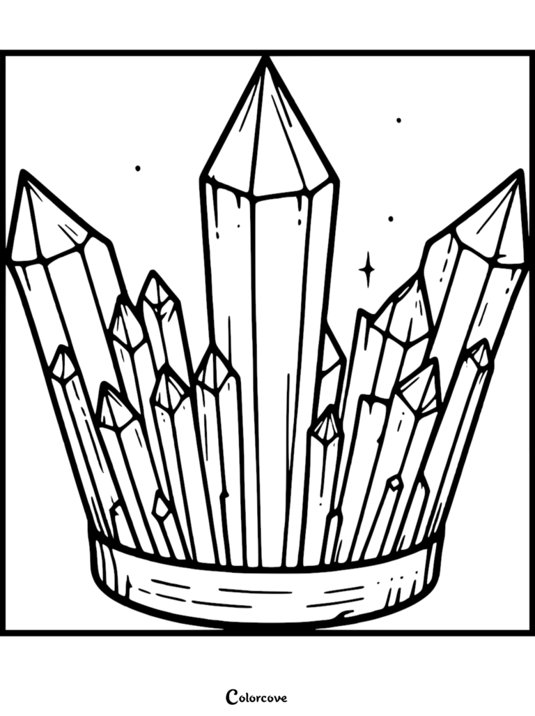 A black and white coloring page featuring a cluster of sharp, pointed quartz crystals growing from a solid base with small sparkles.