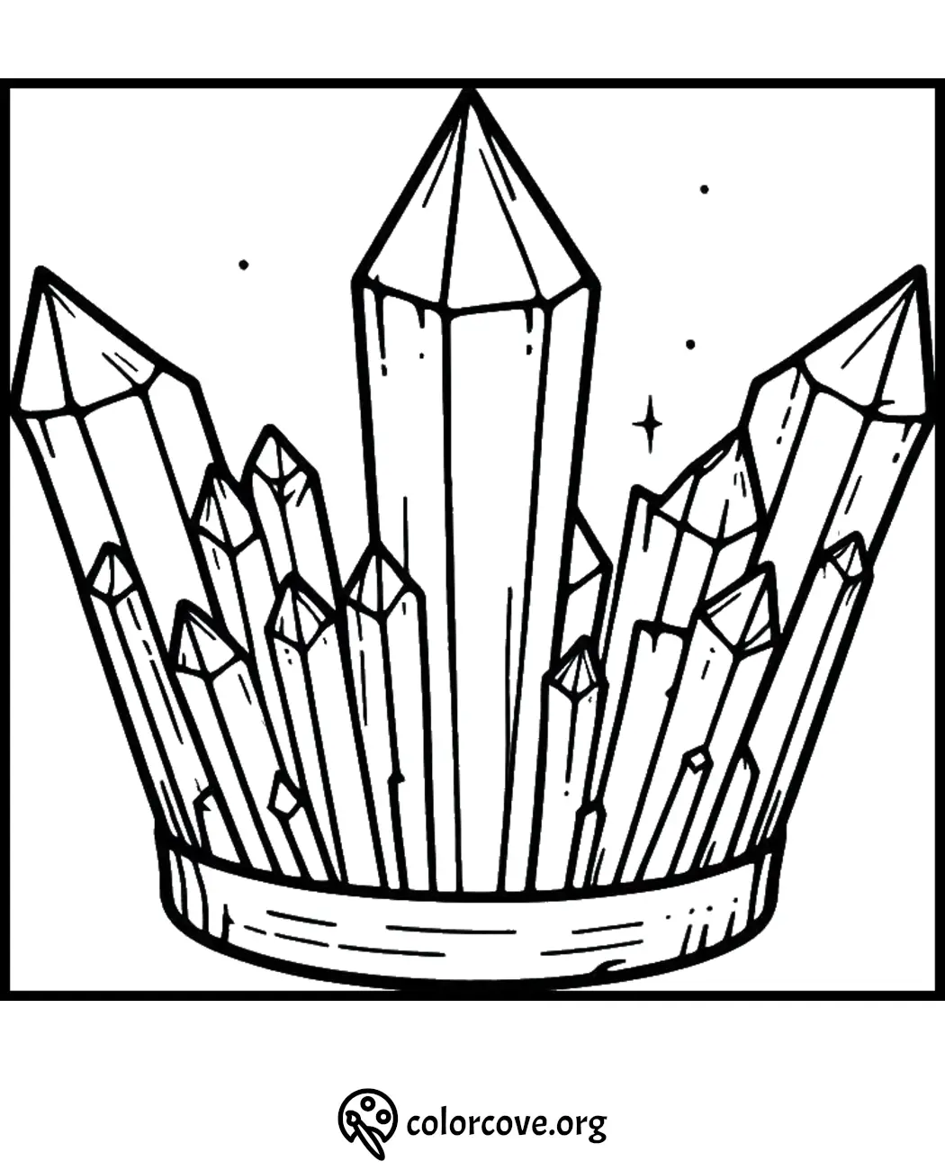 Coloring page featuring a detailed crystal crown with intricate geometric shapes, perfect for coloring enthusiasts.