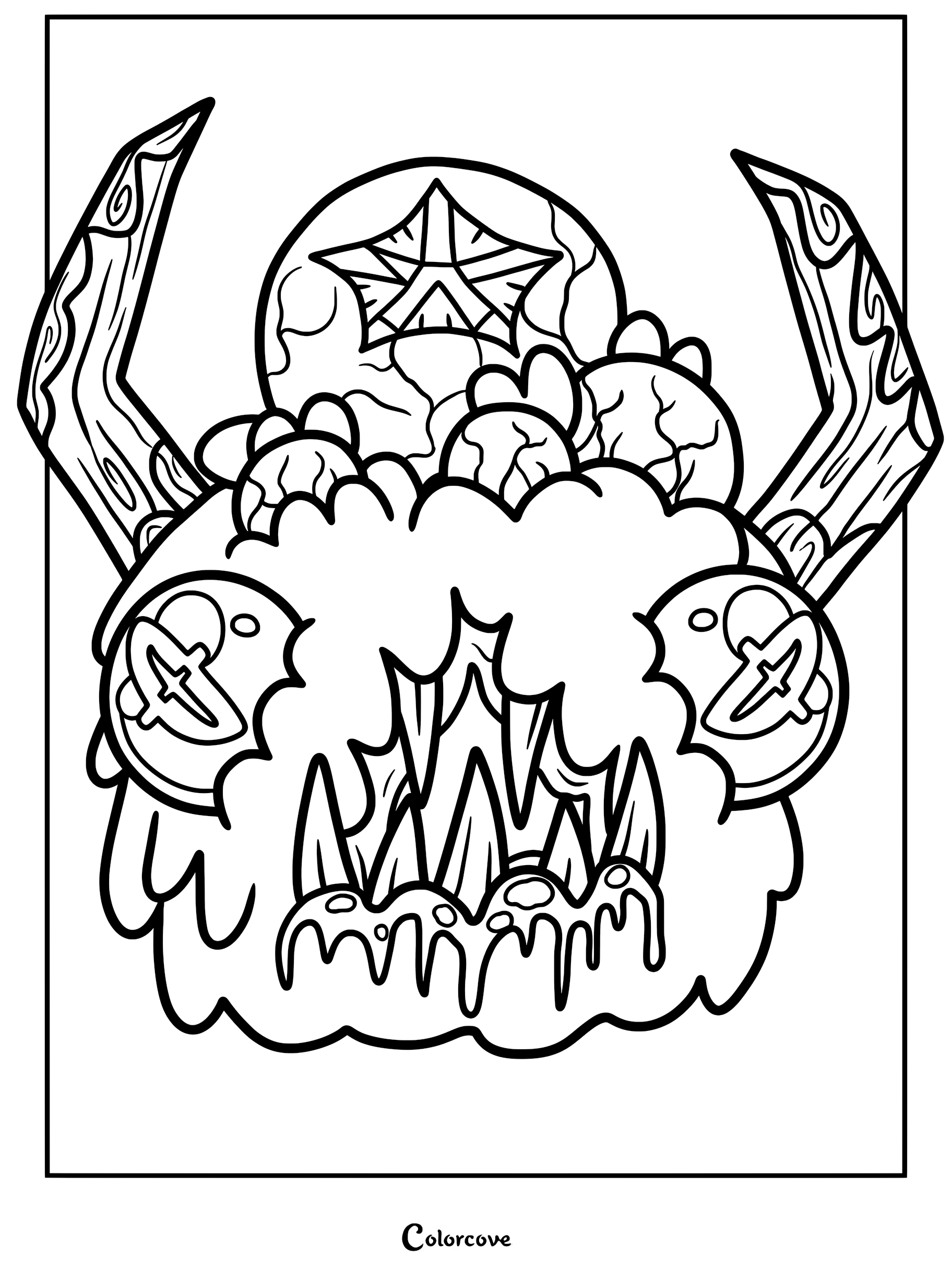 A printable coloring page featuring the Cult of the Lamb character Amdusias with large horns, sharp teeth, and a star-shaped eye.