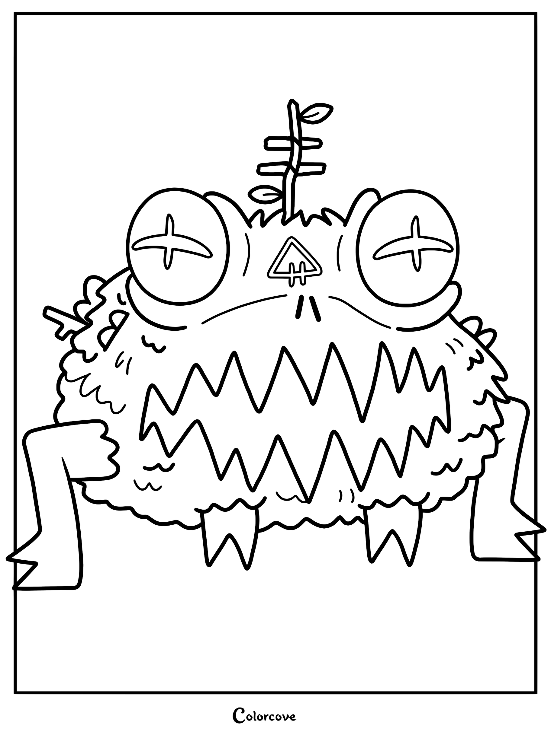 Gusion from Cult of the Lamb with large cross-shaped eyes and a wide jagged mouth in a printable coloring page format.