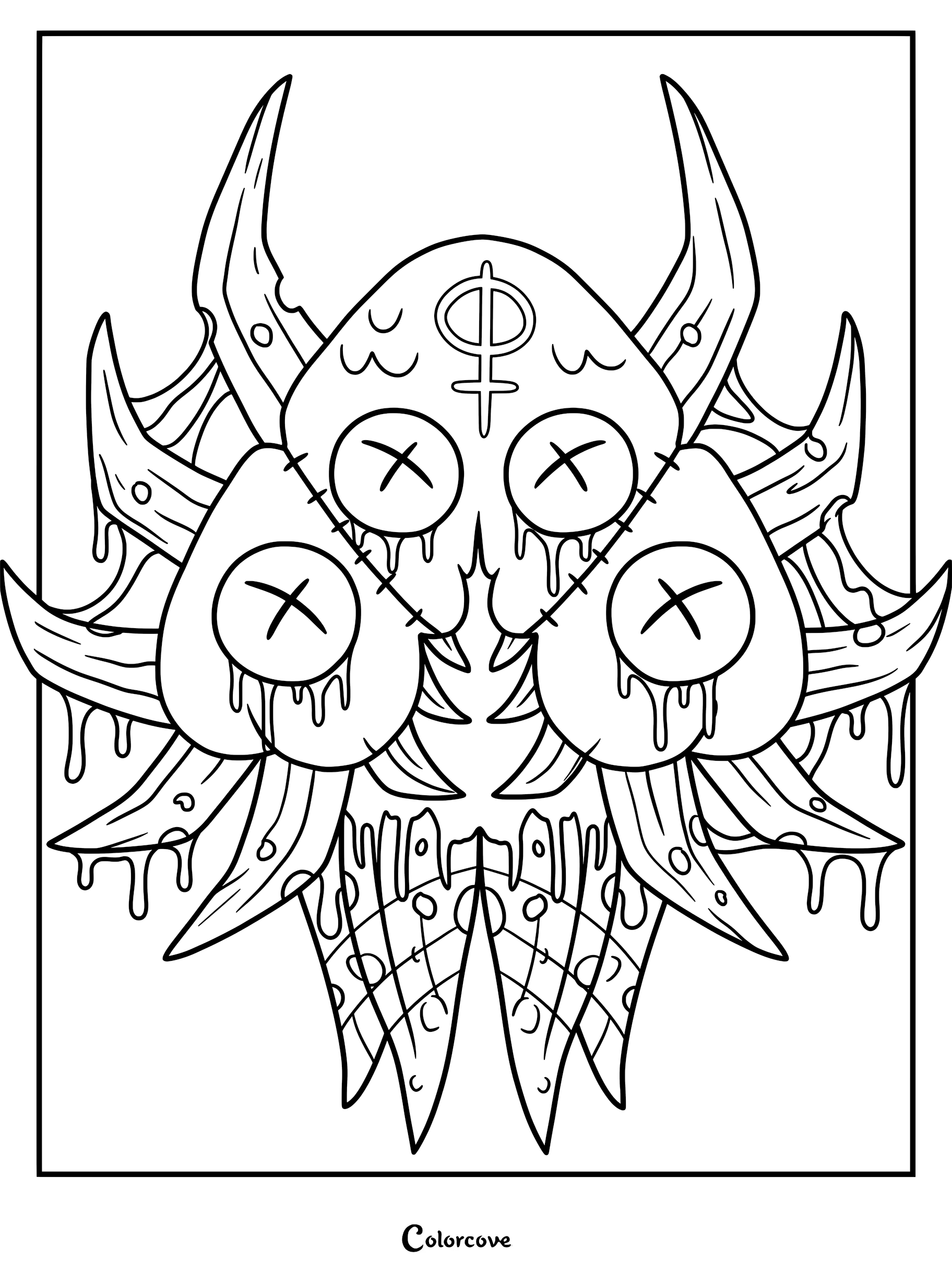 A detailed Cult Of The Lamb Haborym coloring page featuring the multi-eyed, horned creature with dripping textures and occult symbols.