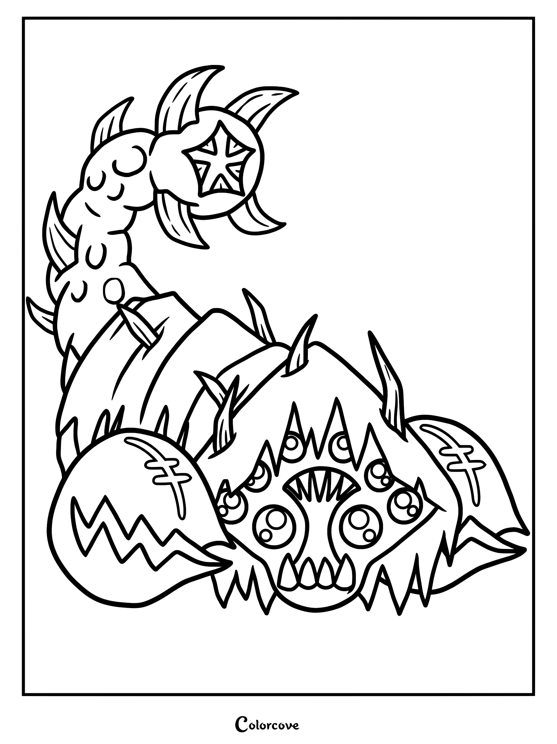 Hauras from Cult of the Lamb with multiple eyes and a scorpion-like tail in a printable coloring page format.