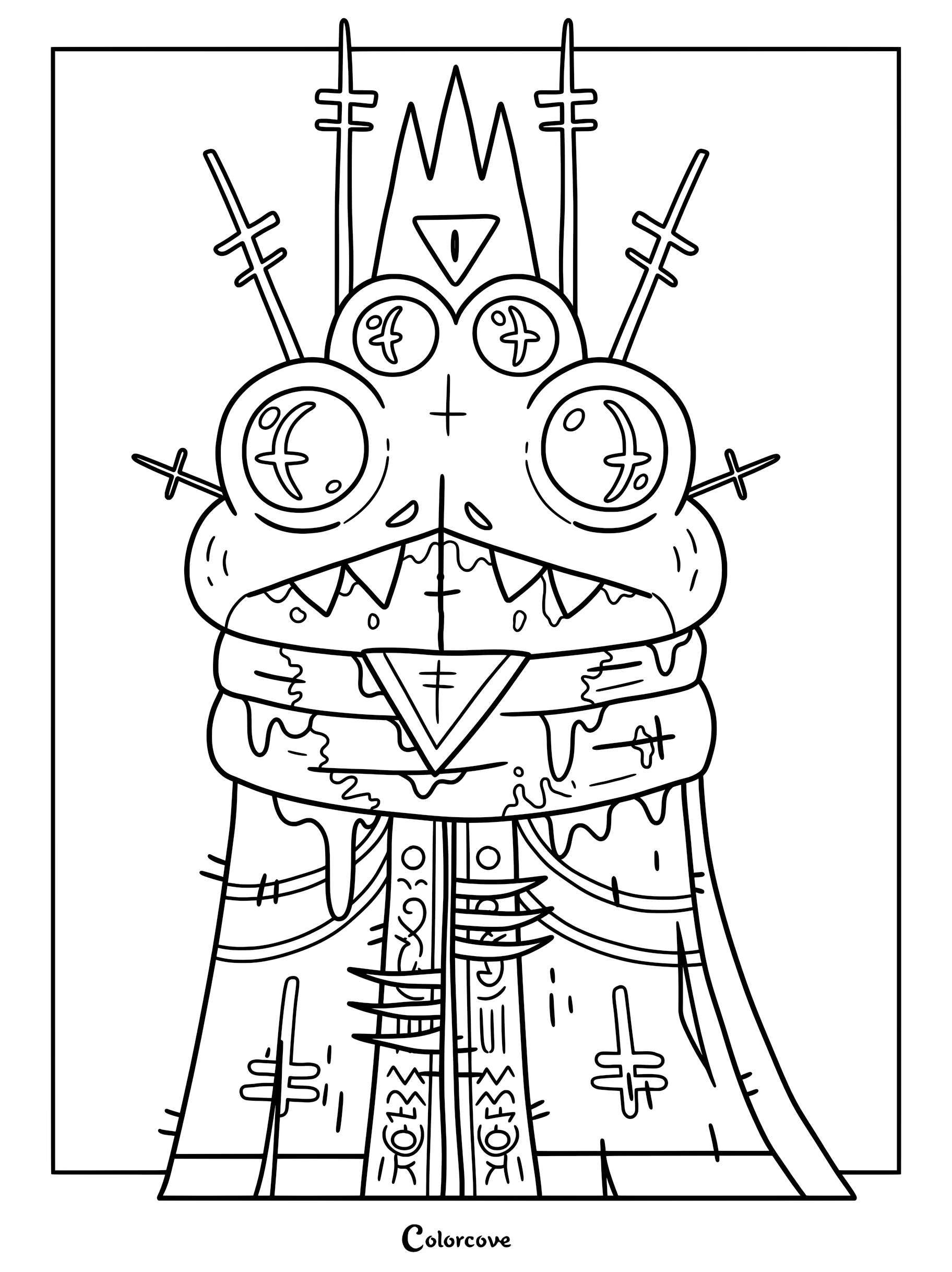 Heket Bishop of Famine from Cult of the Lamb featuring a detailed line art coloring page of the multi-eyed frog boss wearing a crown and ritual robes.
