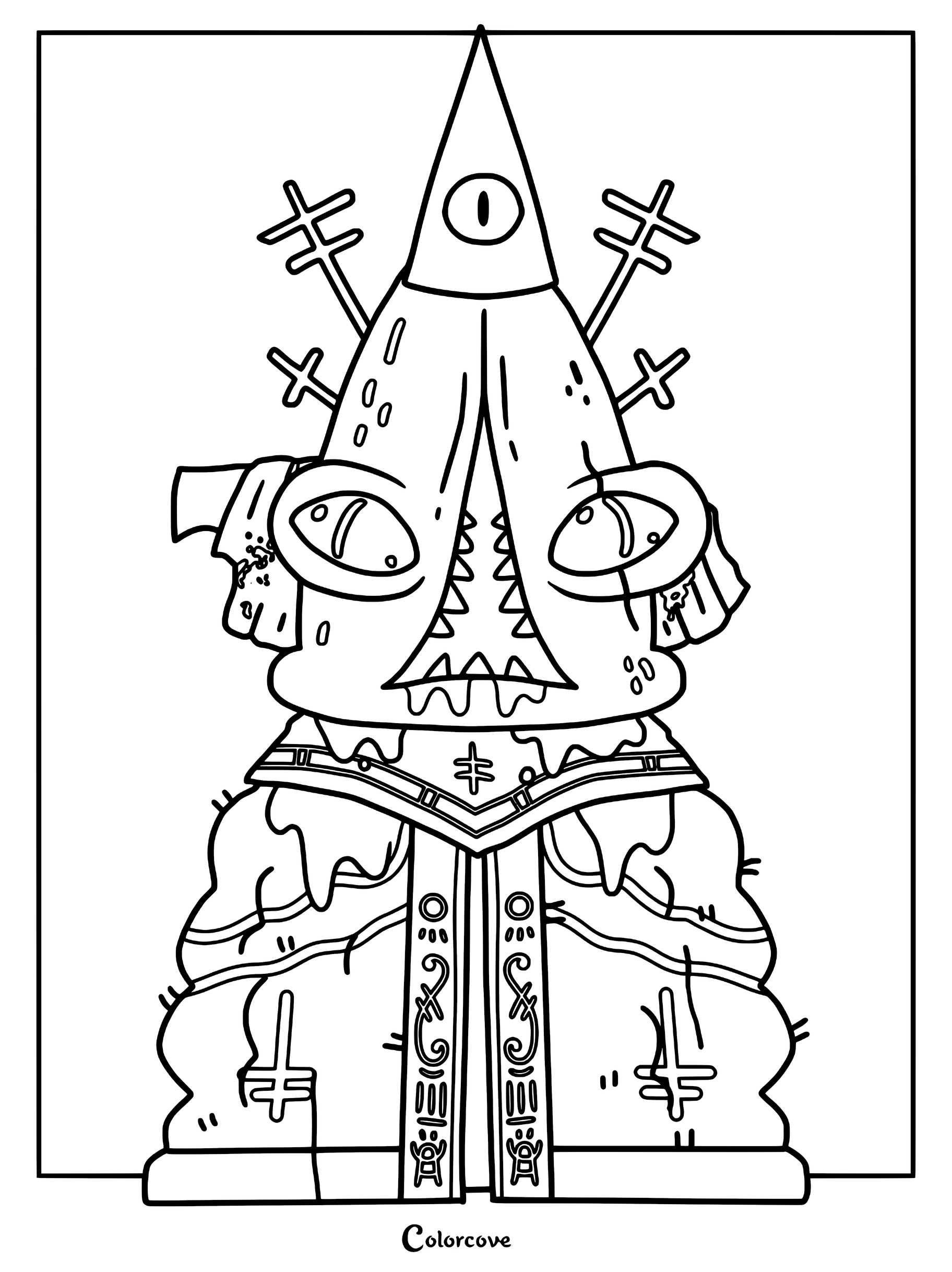 A detailed coloring page of Narinder from Cult of the Lamb, featuring his iconic third eye, pointed crown, and ornate robes with cross symbols.