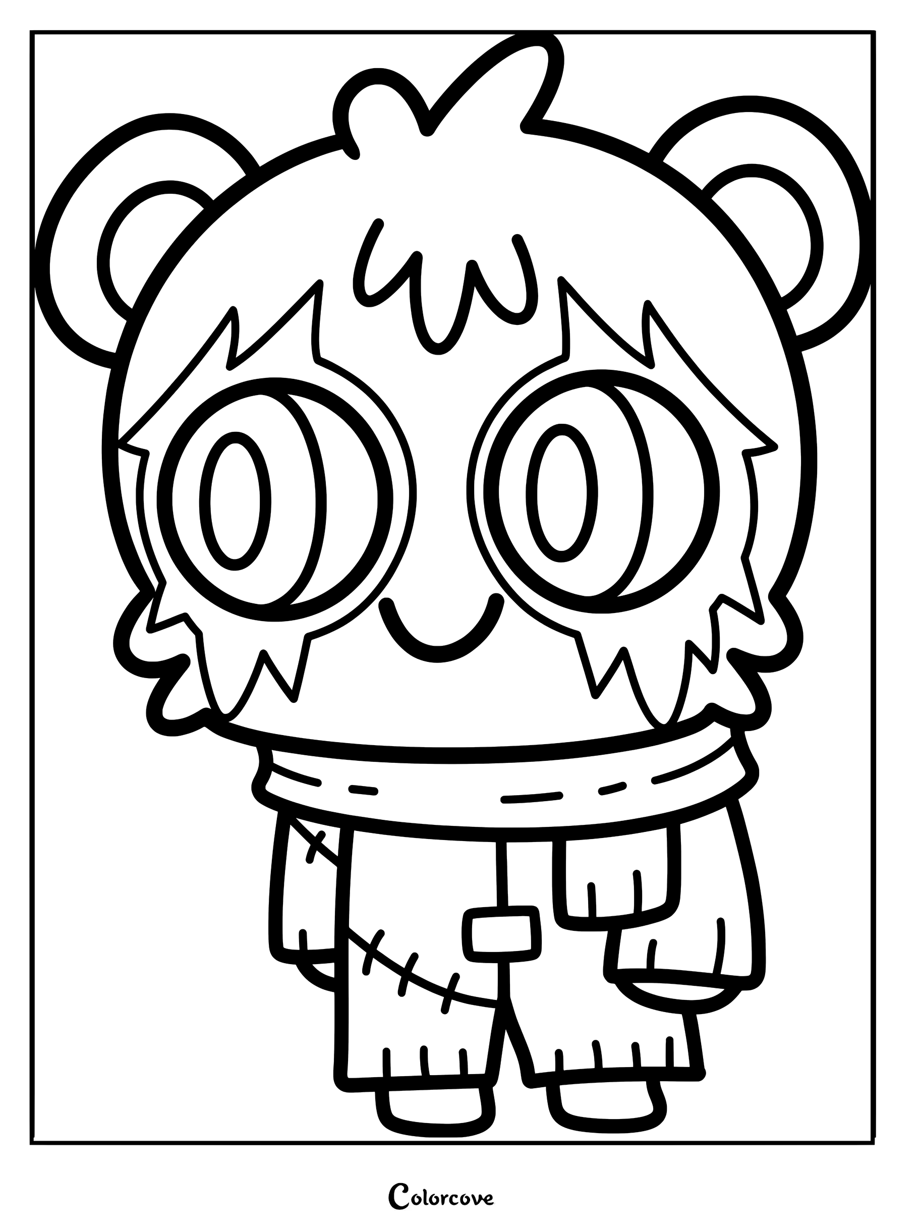 Jalala from Cult of the Lamb coloring page featuring the character with large eyes and a stitched scarf.