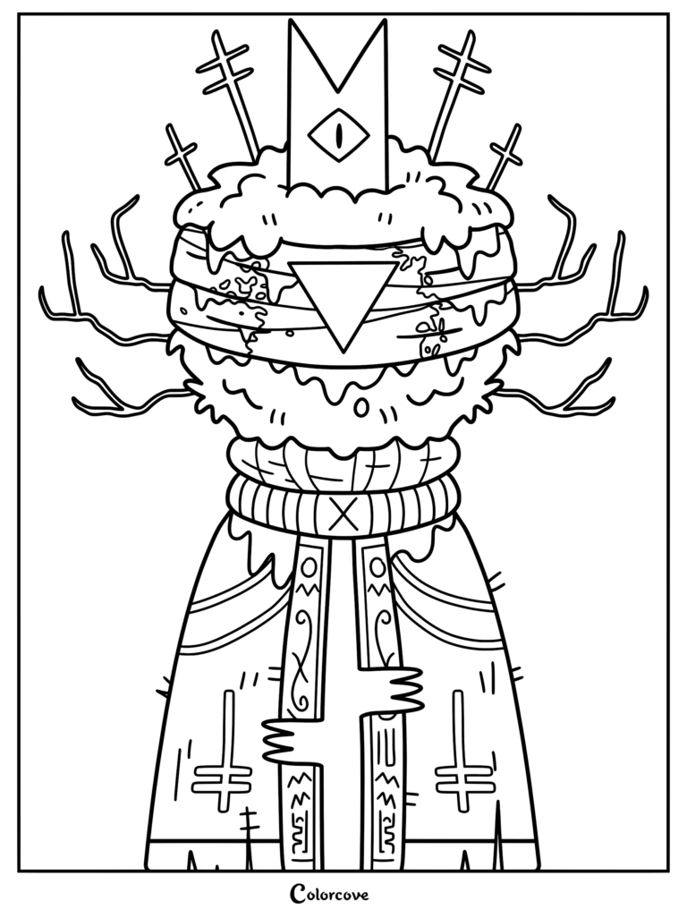 Leshy, Obispo del Caos de Cult of the Lamb con una corona con un ojo, brazos en forma de rama y una túnica con símbolos de cruces en esta página para colorear imprimible.