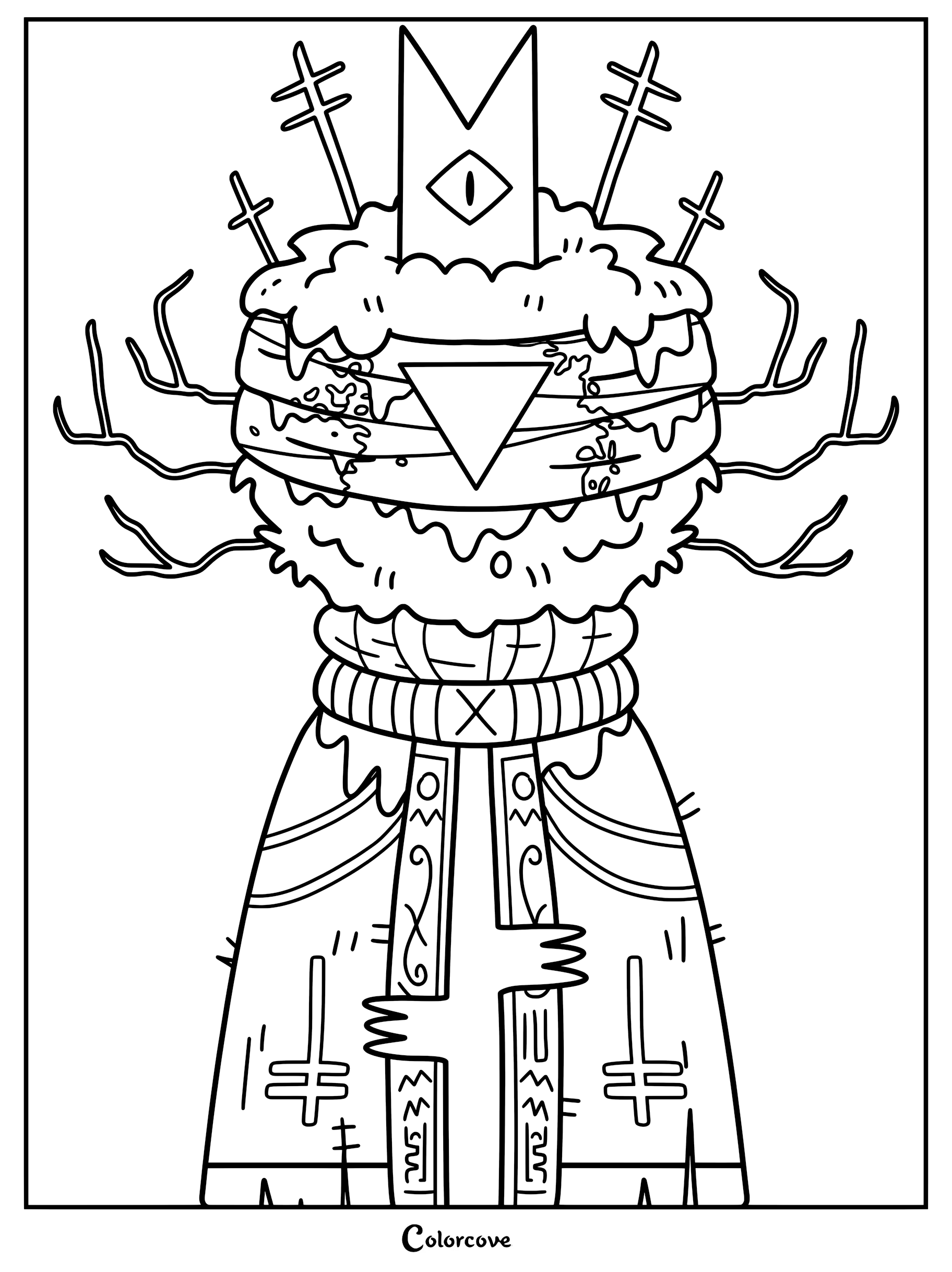 Leshy Bishop of Chaos from Cult of the Lamb featuring a crown with an eye, branch-like arms, and a robe with cross symbols in this printable coloring page.