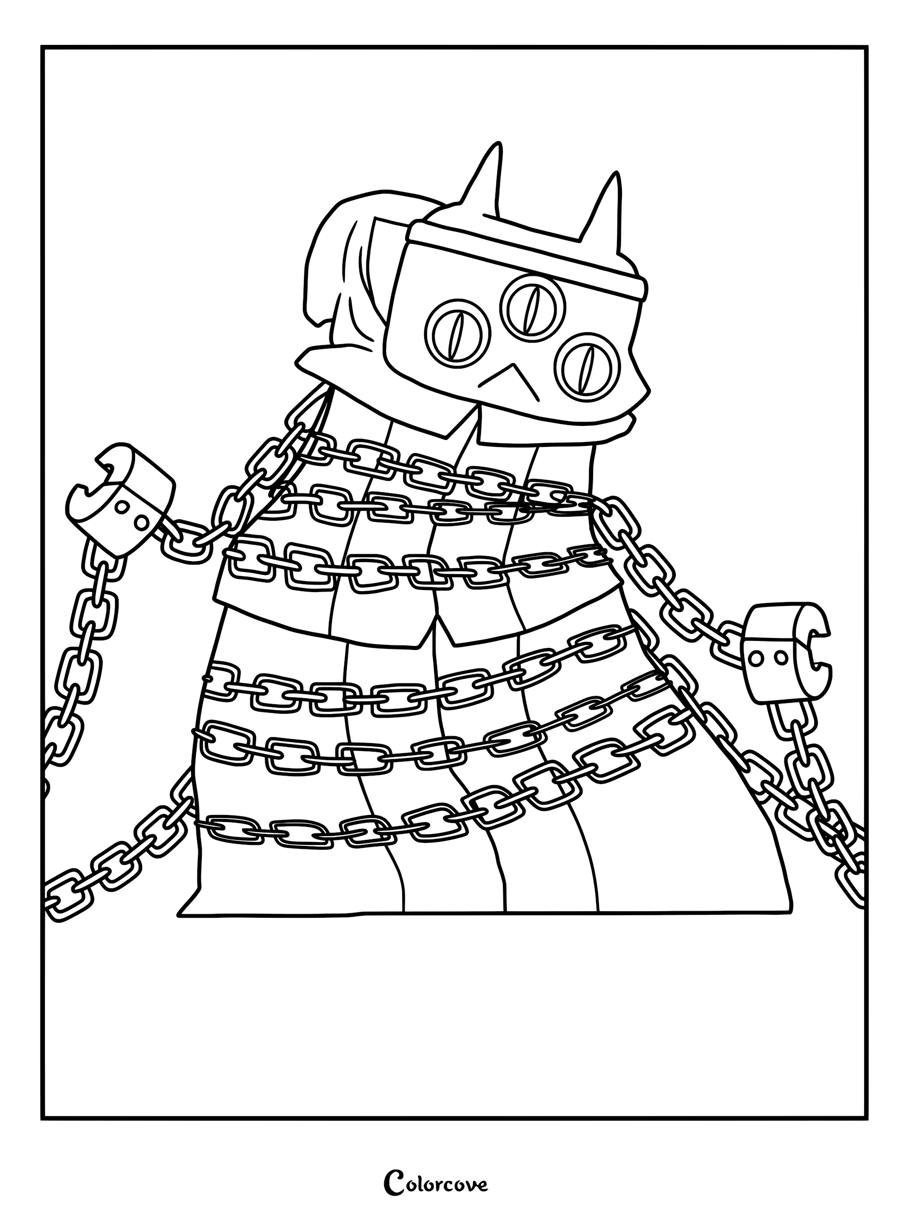 Narinder Bishop of Death wrapped in heavy metal chains, a detailed Cult of the Lamb coloring page.