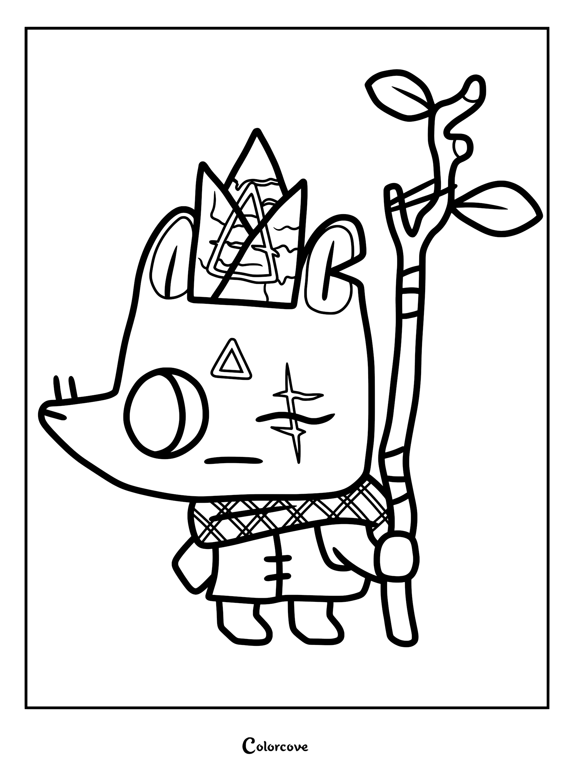 Ratau holding a wooden staff in this Cult of the Lamb coloring page
