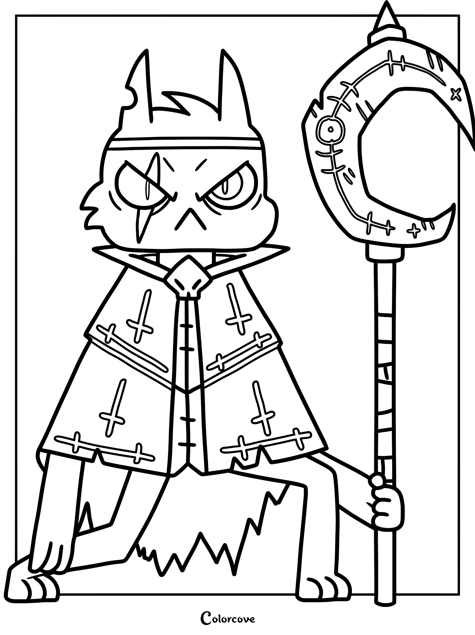 Aym from Cult of the Lamb holding a large scythe, printable coloring page featuring the character in his signature cloak.