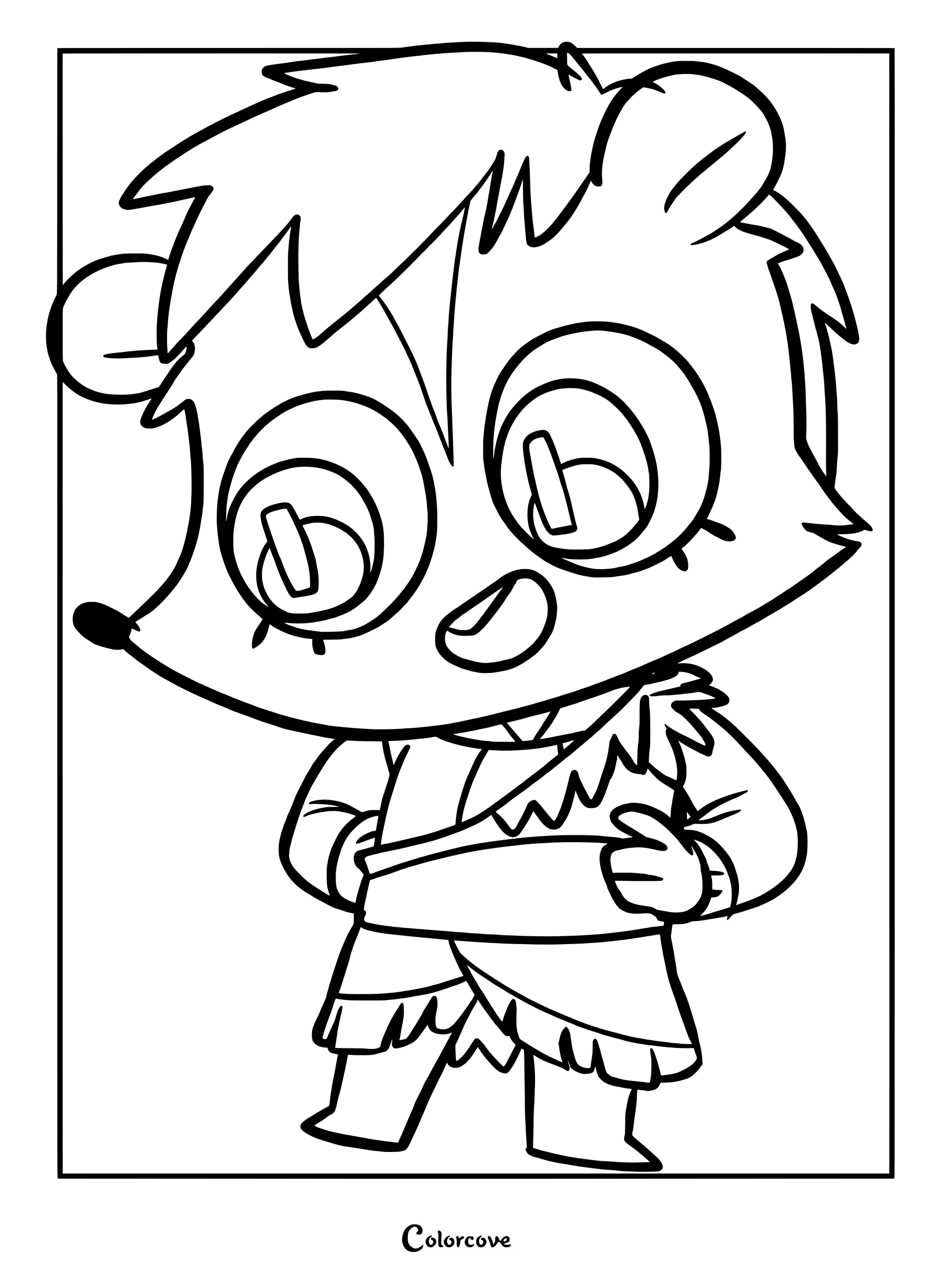 Rinor from Cult of the Lamb character line art coloring page with large expressive eyes and traditional robes.