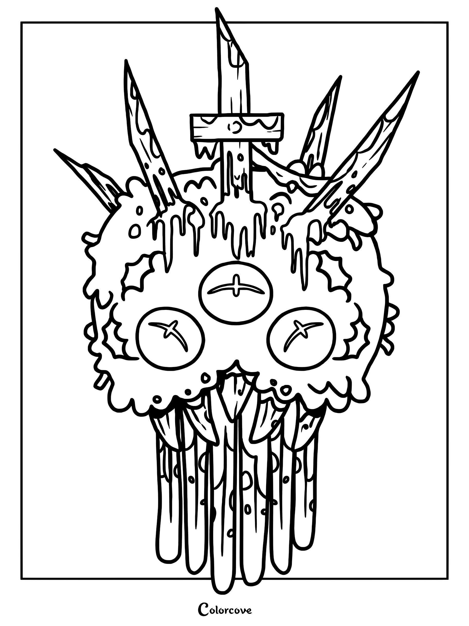 Saleos from Cult of the Lamb featuring a dripping, multi-eyed creature with sharp spikes in a printable coloring page format.