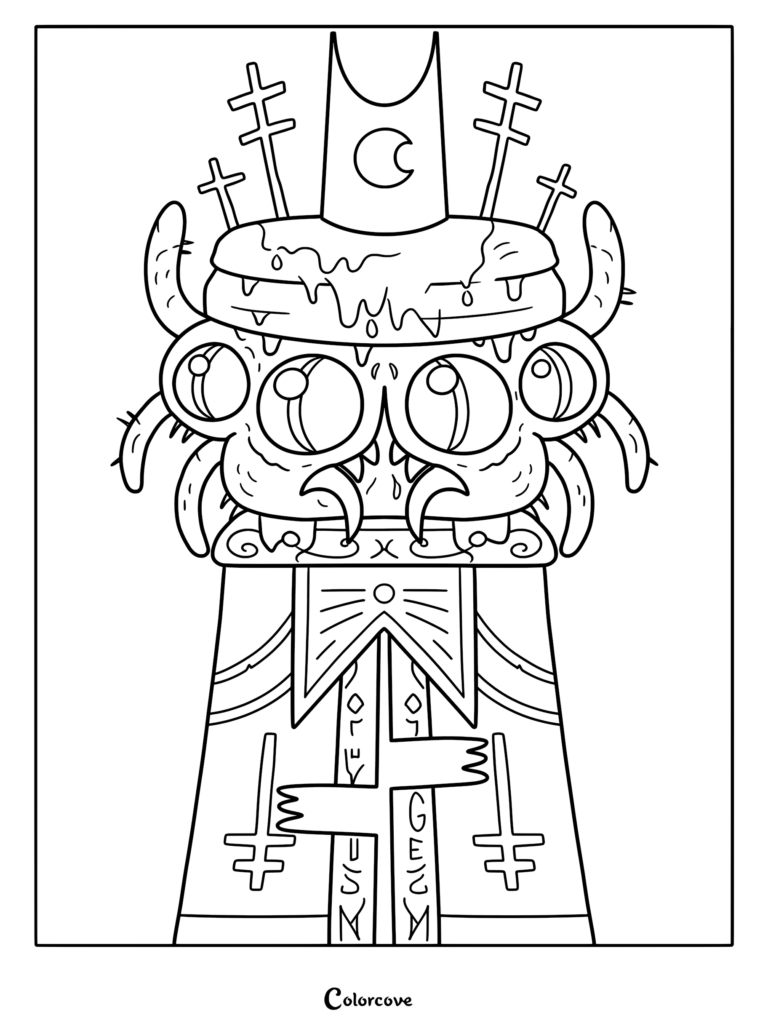 Shamura, Obispo del Conocimiento y la Guerra, página para colorear con la deidad araña de múltiples ojos que lleva una corona de luna creciente y túnicas ornamentadas con símbolos de cruces.