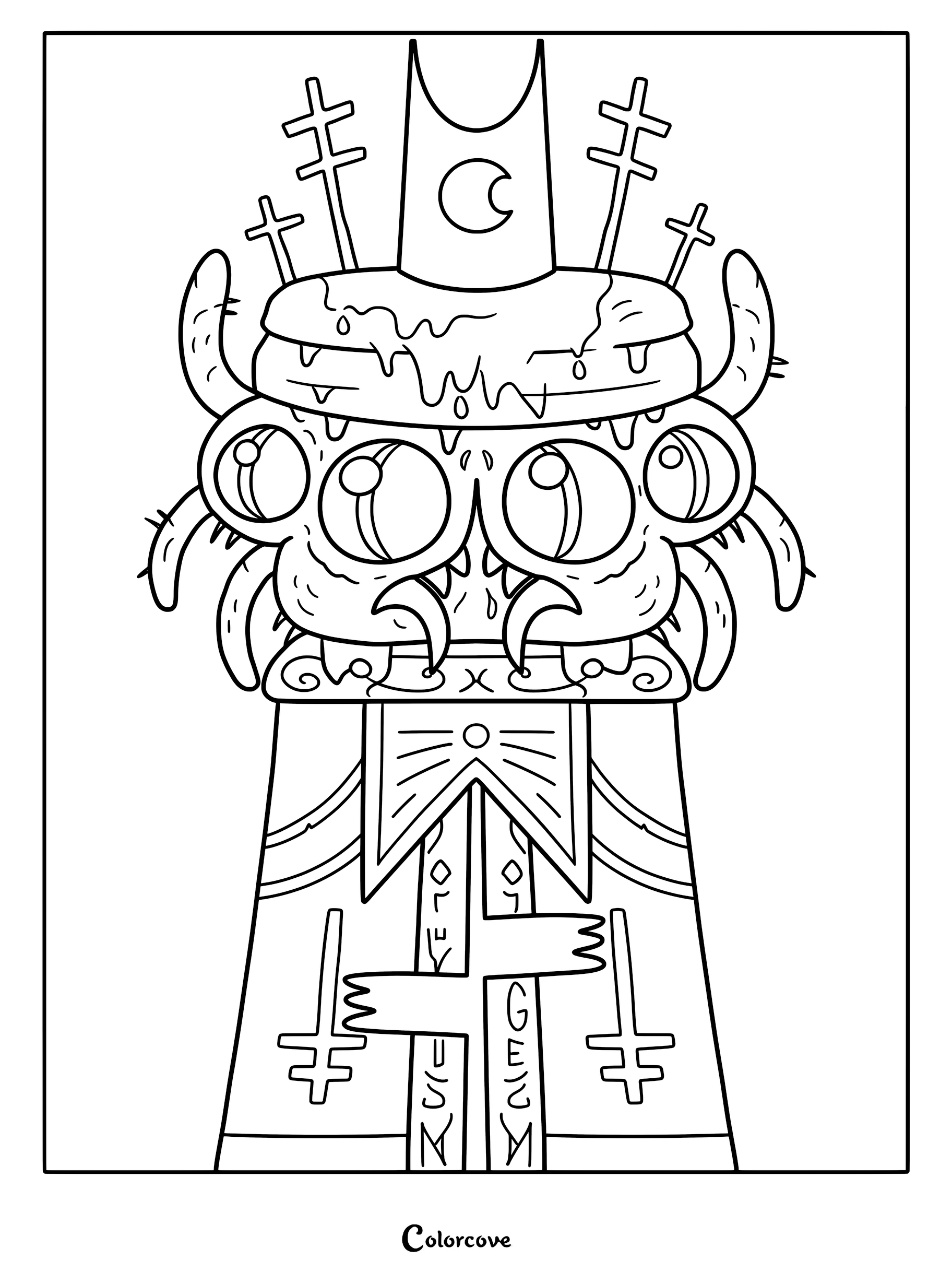 Shamura Bishop of Knowledge and War coloring page featuring the multi-eyed spider deity wearing a crescent moon crown and ornate robes with cross symbols.
