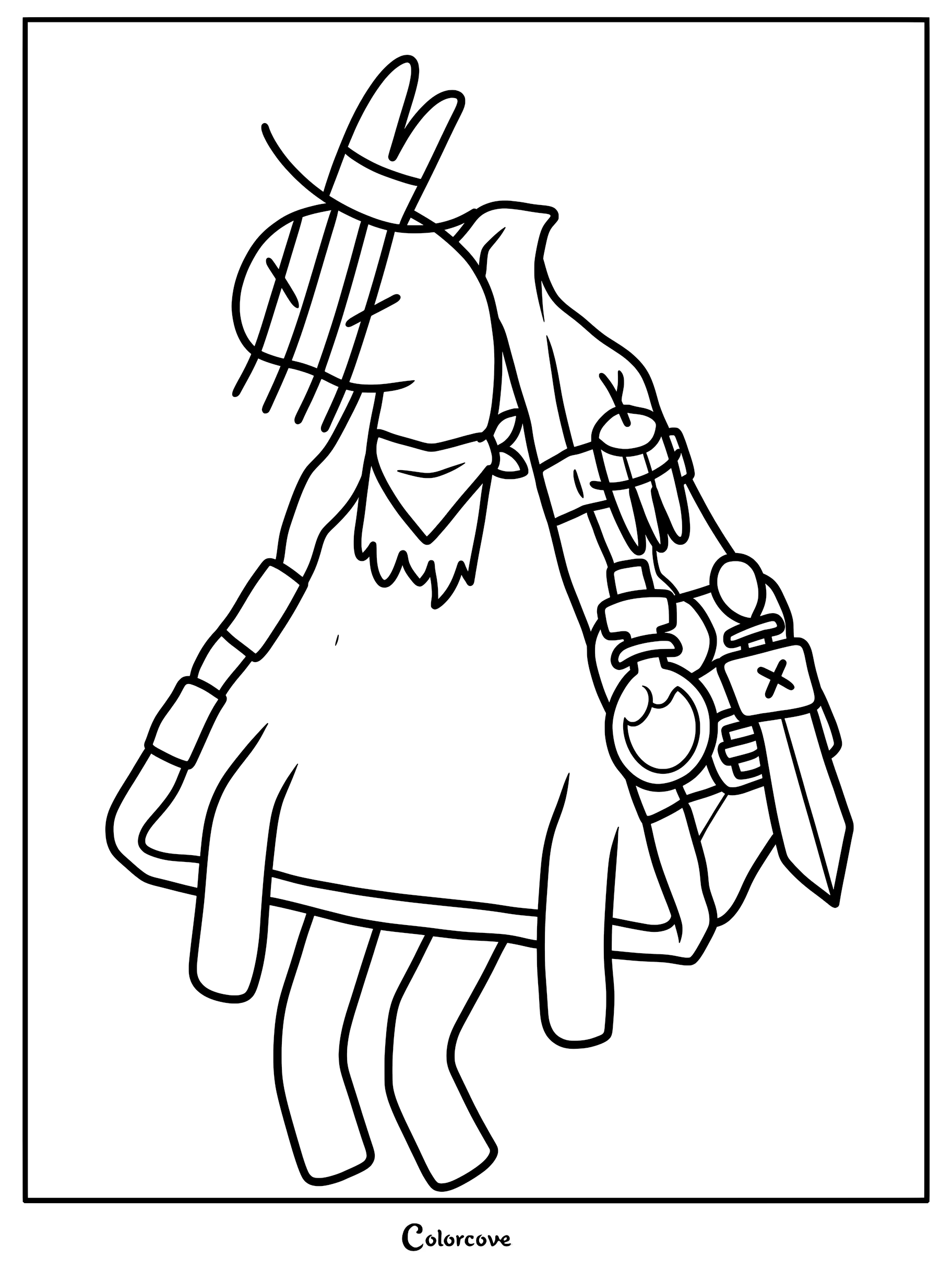 Shrumy from Cult of the Lamb wearing a hat and carrying a pack full of potions and tools in this printable coloring page.