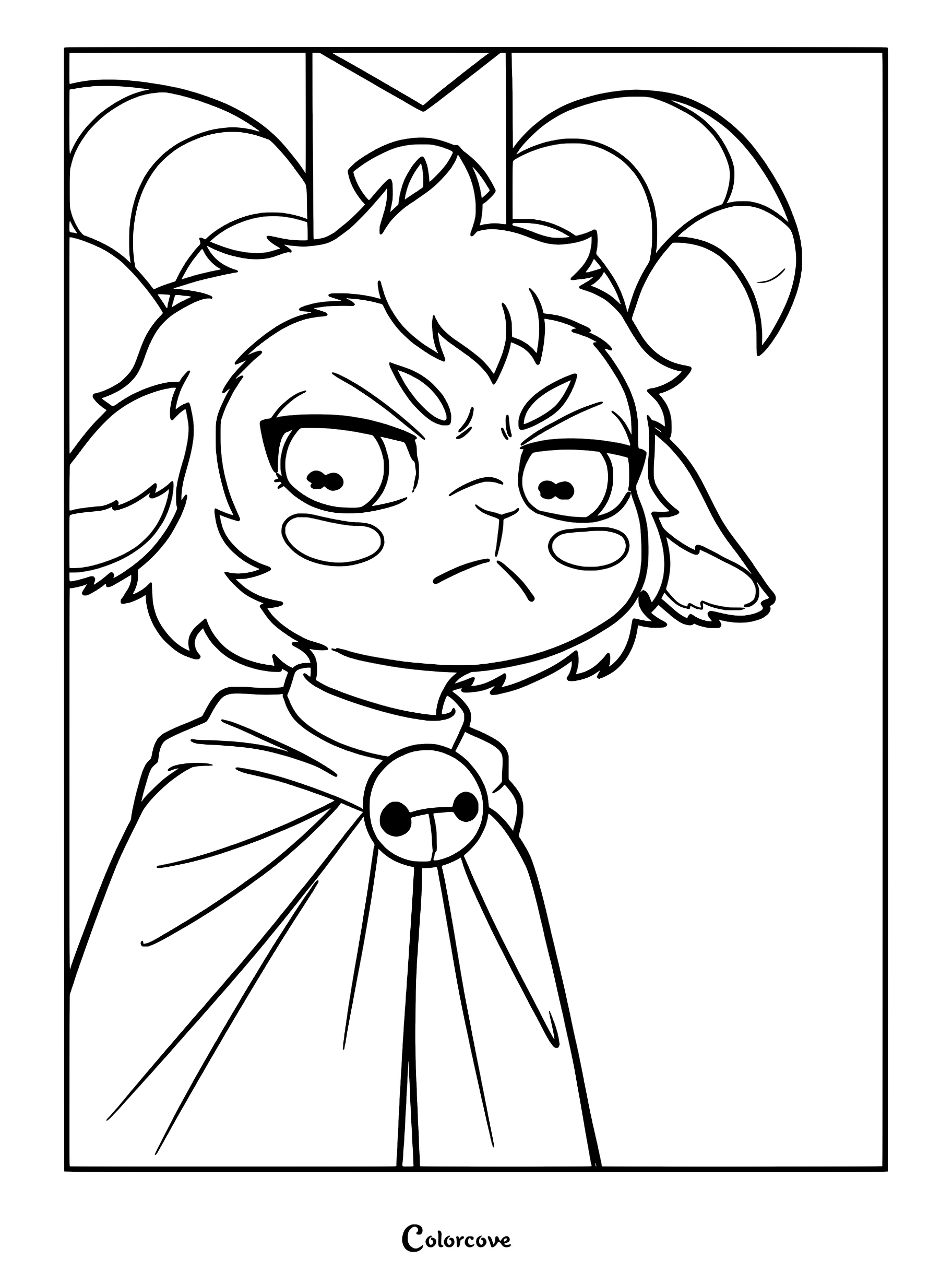 A printable coloring page featuring The Goat, the playable character from the Unholy Alliance update, shown in a close-up portrait with a stern expression.