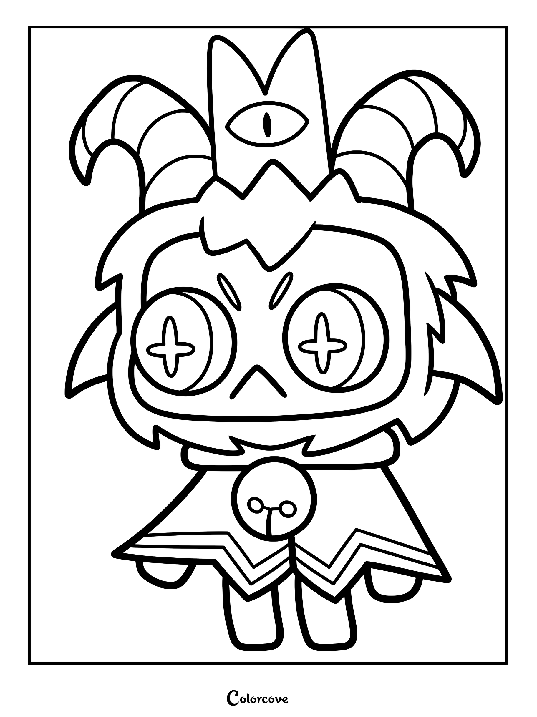 The Goat from Cult of the Lamb with large button eyes and a crown featuring a single eye, presented as a printable coloring page.