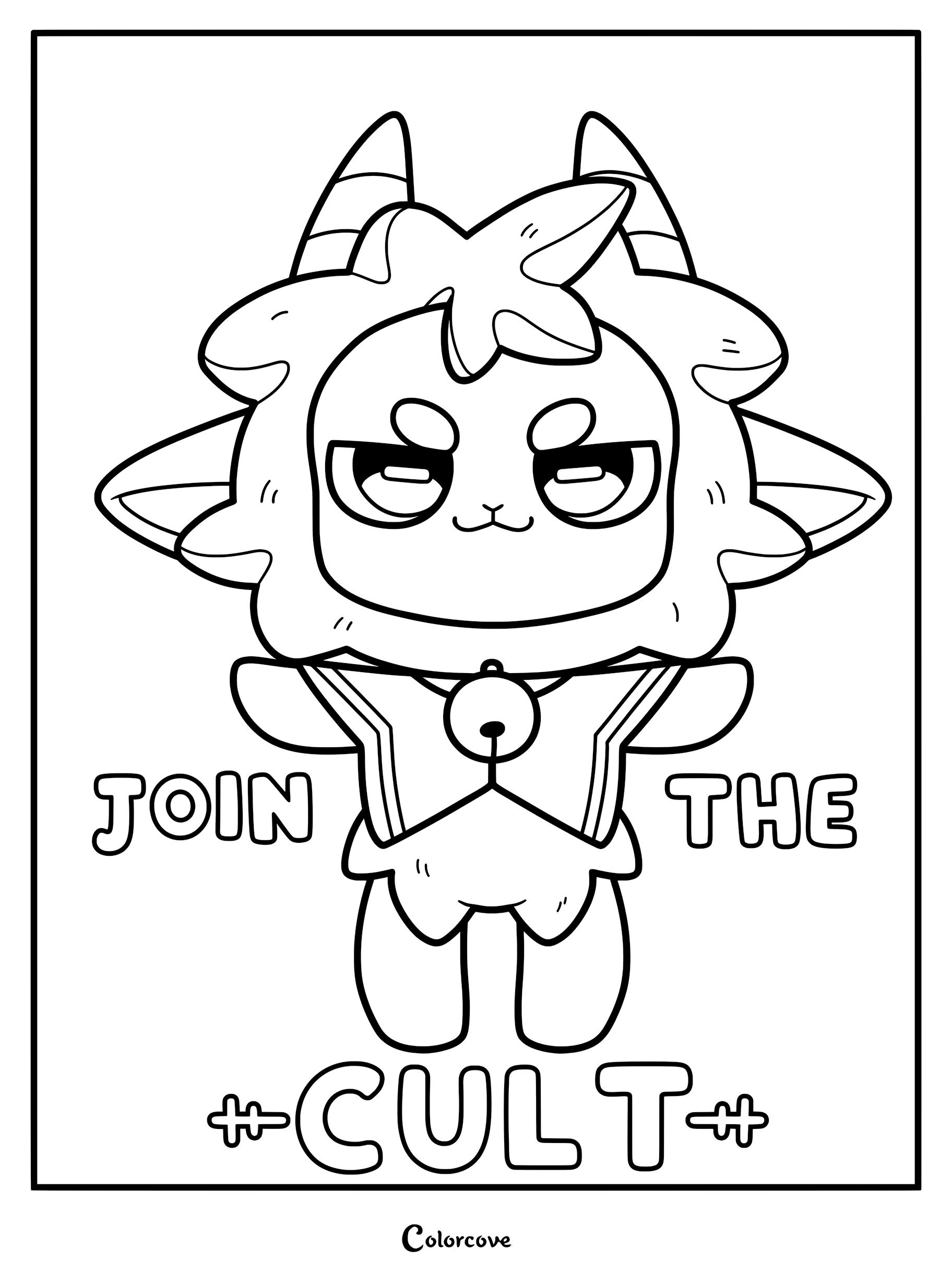 The Lamb from Cult of the Lamb standing with arms outstretched above the text Join The Cult in a printable coloring page format.