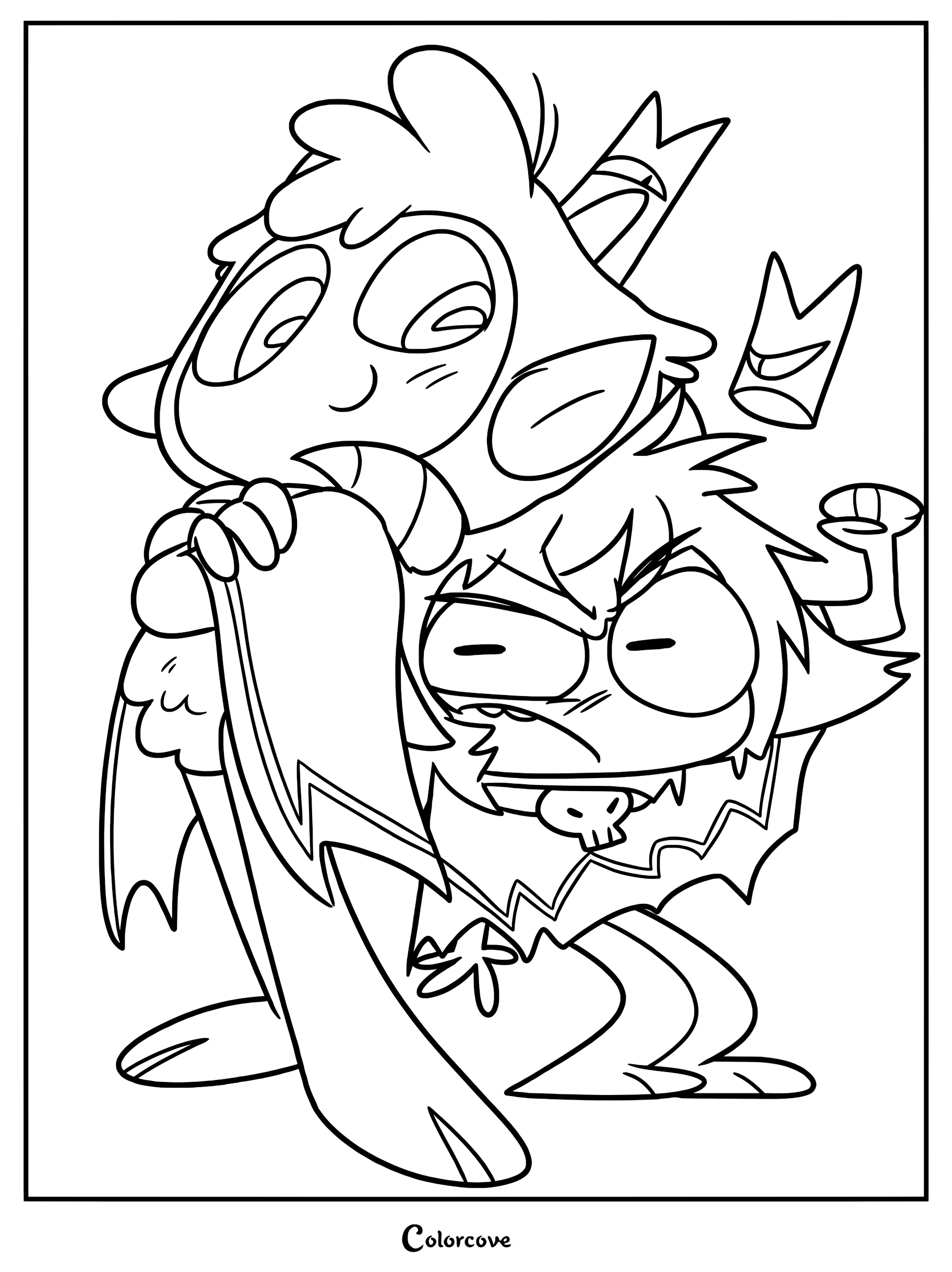 The Lamb and Goat from Cult of the Lamb in a coloring page featuring the two characters standing together with their crowns.