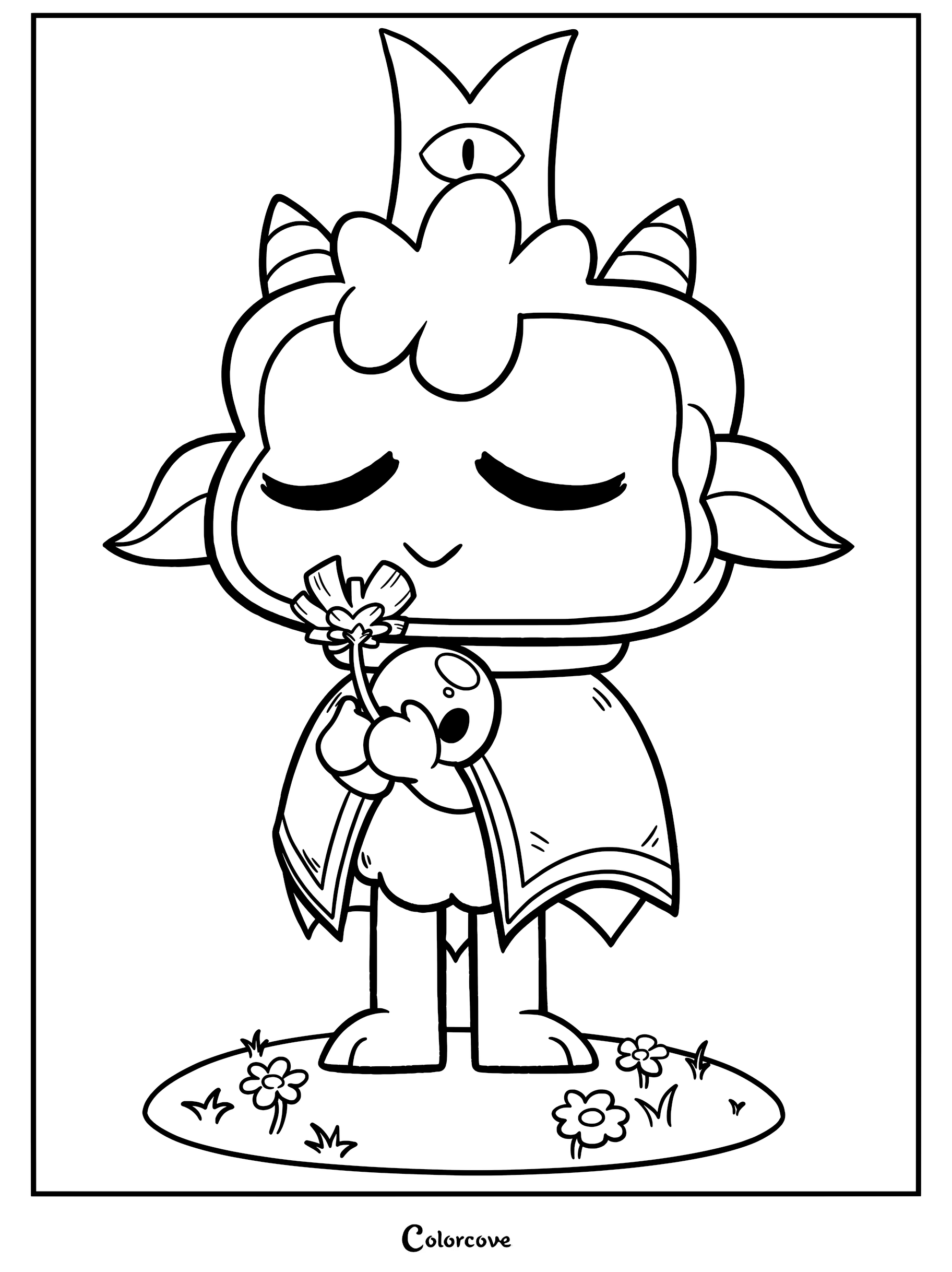 A cute The Lamb coloring page featuring the character smelling a flower while wearing their crown.