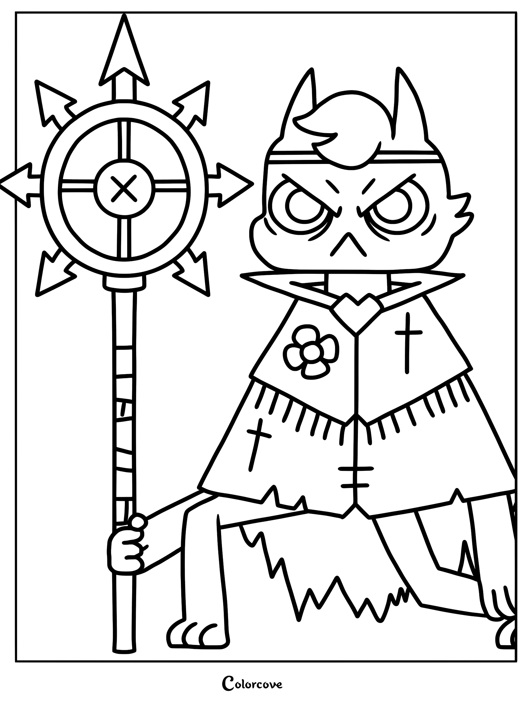 Baal from Cult of the Lamb holding a large spiked staff in this printable coloring page.