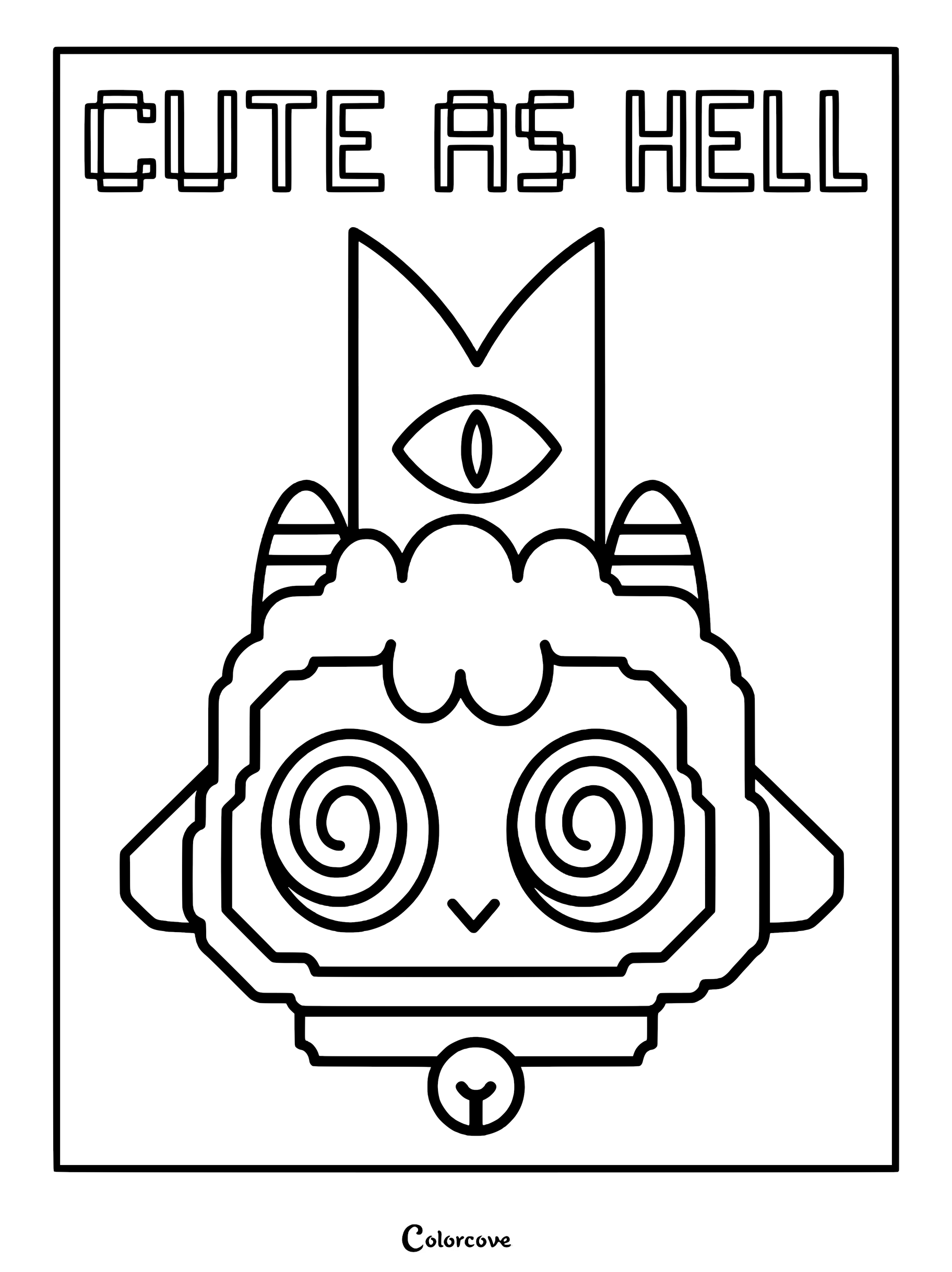 A printable coloring page featuring the head of The Lamb from Cult of the Lamb with spiral eyes and the text Cute As Hell above.