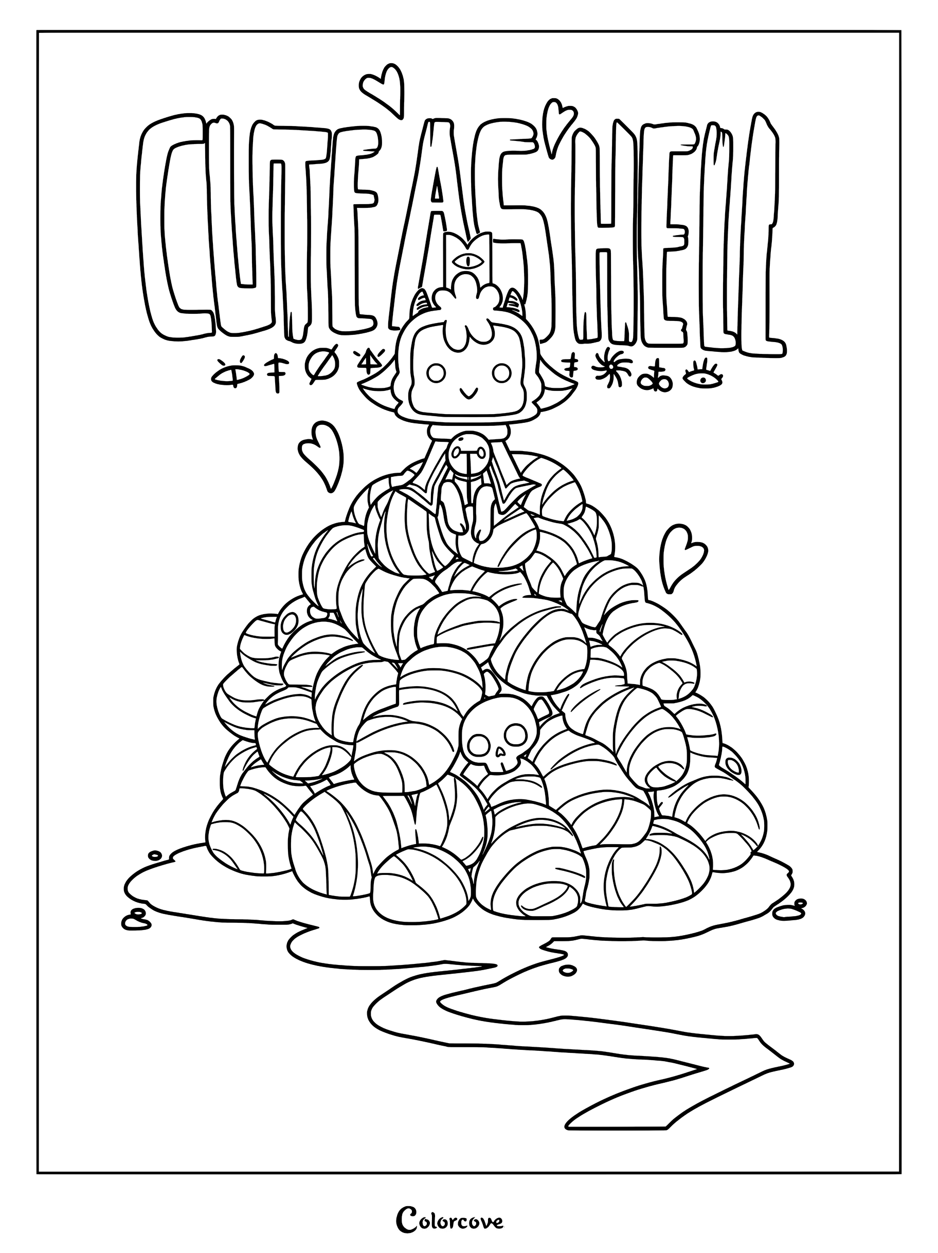 The Lamb sitting atop a large pile of wrapped bodies in this Cute As Hell coloring page.