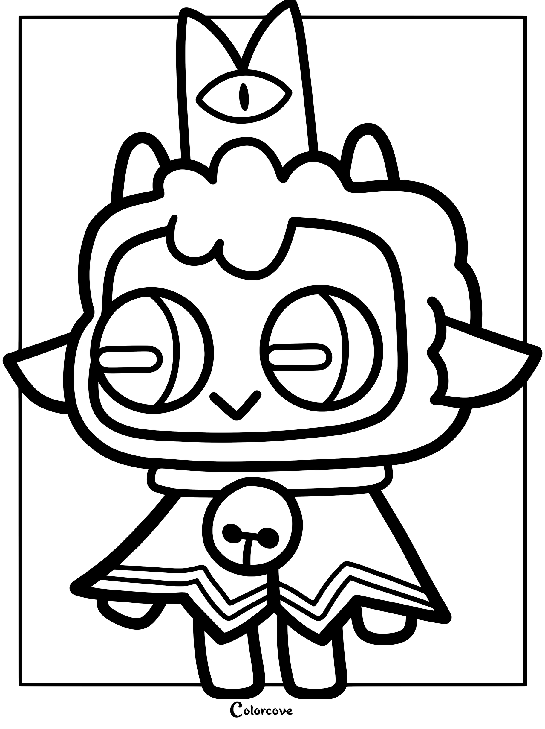 The Lamb from Cult of the Lamb wearing a crown with an eye, featuring bold lines for a simple coloring page.