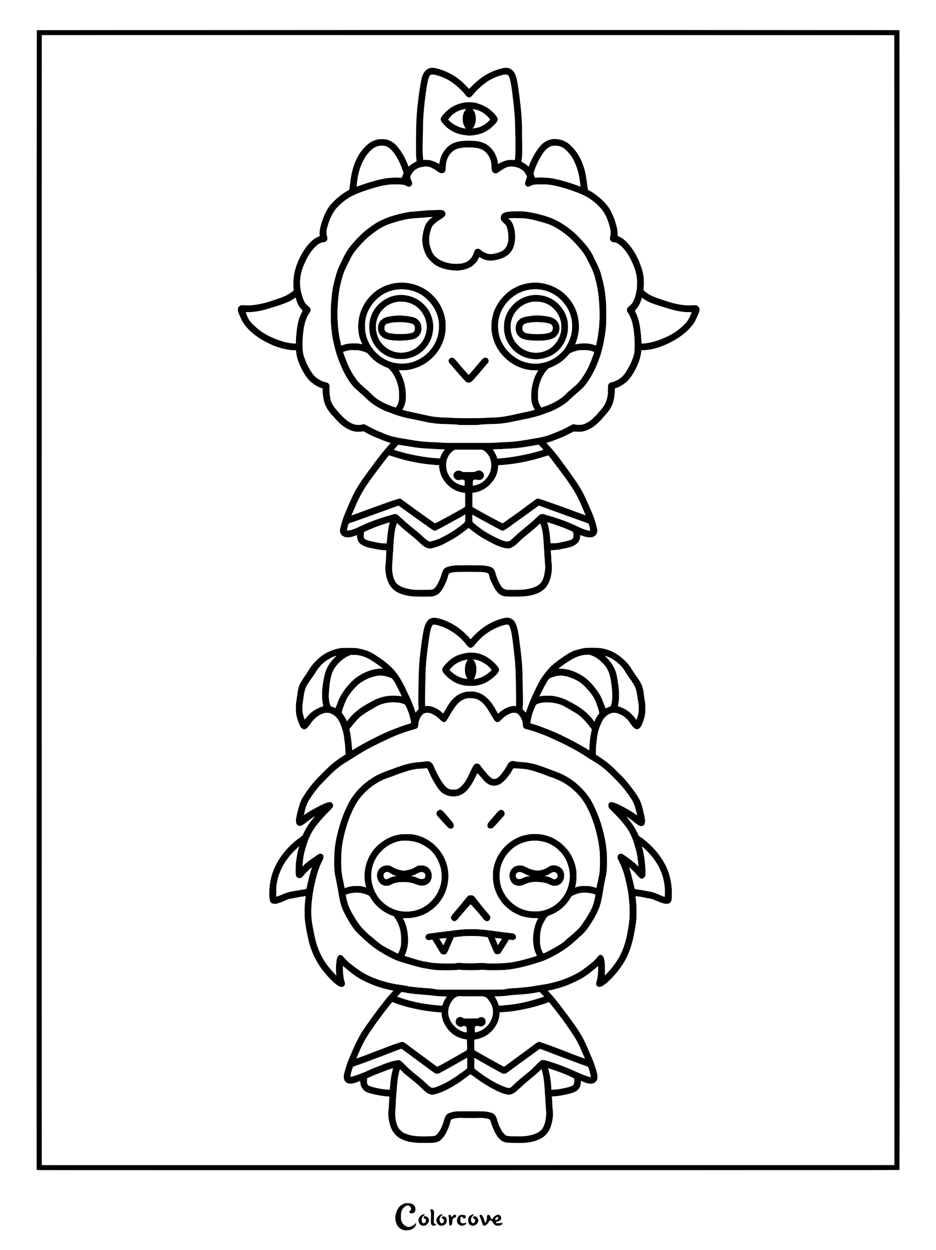 A printable coloring page featuring sticker-style line art of the Lamb and the Goat from Cult of the Lamb, each wearing their signature crowns.