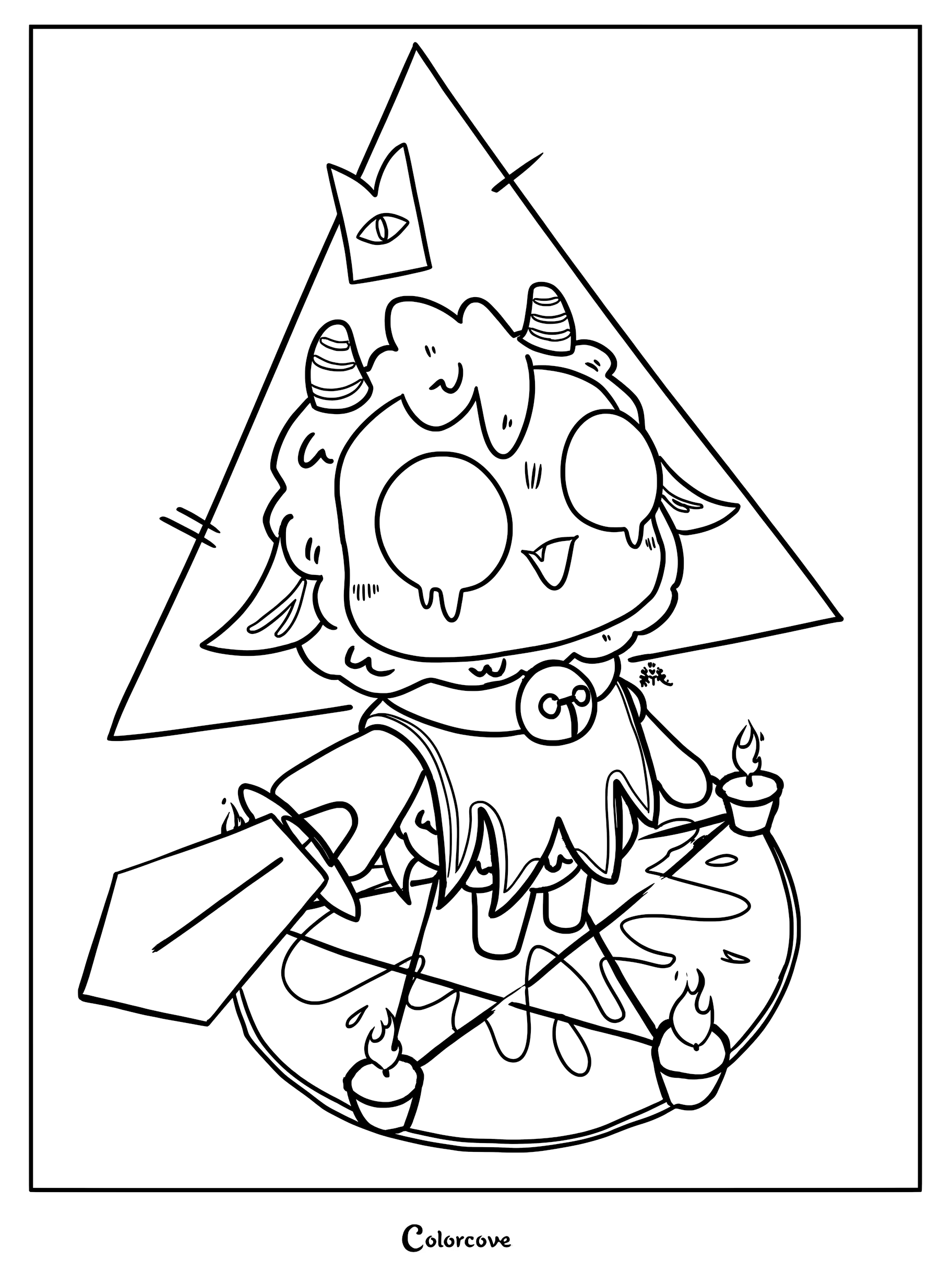 The protagonist from Cult of the Lamb holding a sword while standing on a pentagram, available as a printable coloring page.