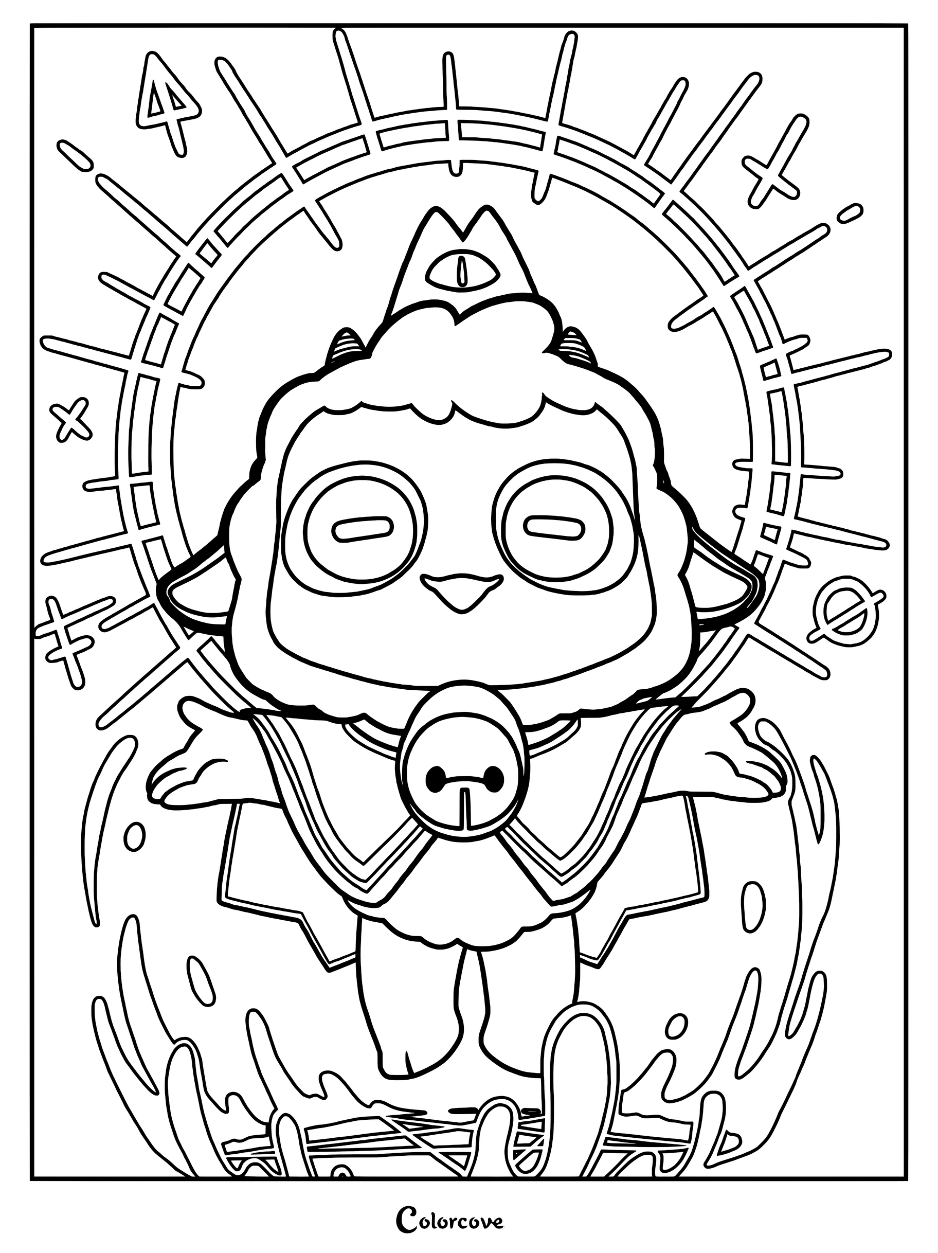 Graphic illustration of the main character from Cult of the Lamb with a halo and symbols, printable coloring page.
