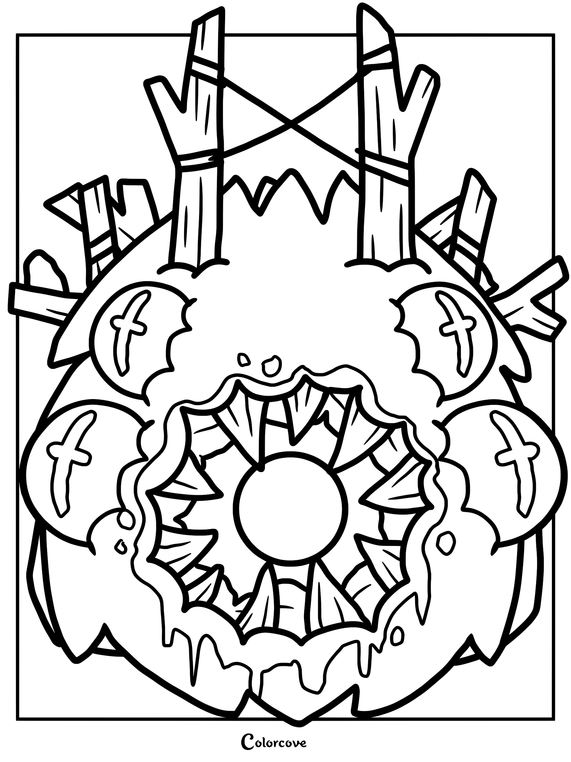 Valefar from Cult Of The Lamb featuring a circular monster with sharp teeth and wooden stakes in this printable coloring page.