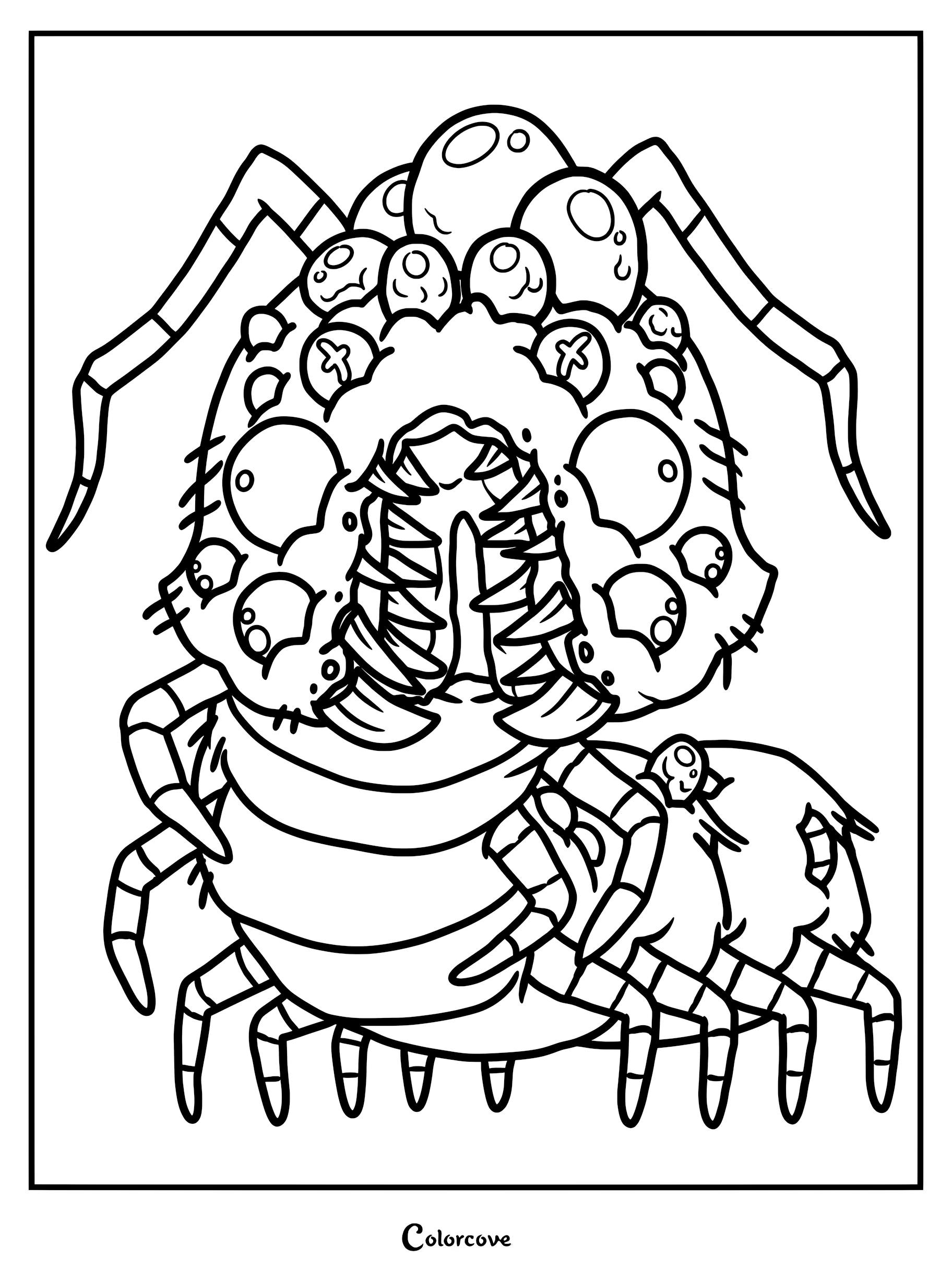 Vephar from Cult of the Lamb featuring a multi-eyed insectoid creature with sharp mandibles in a printable coloring page format.