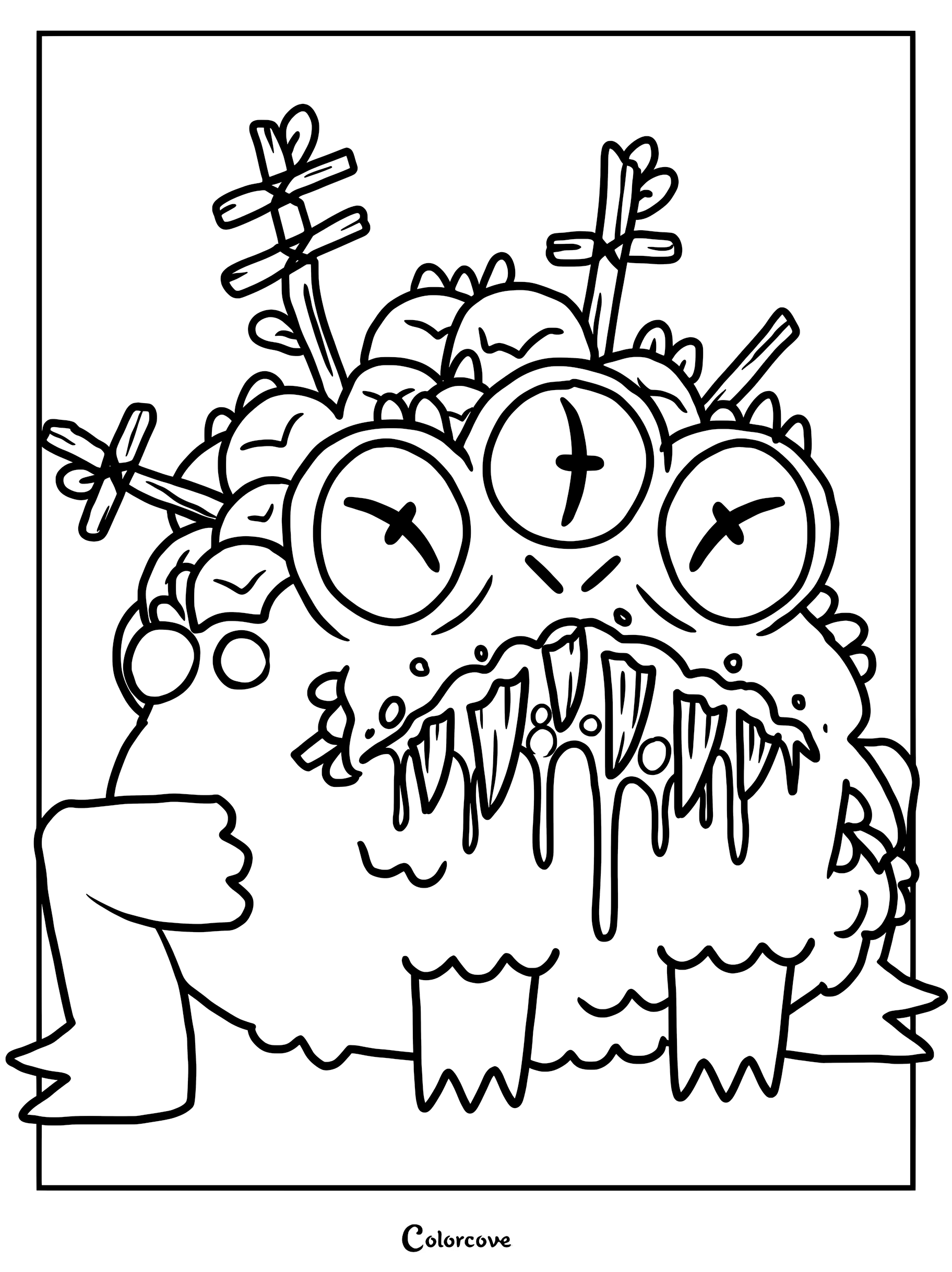A detailed line art coloring page of Zepar from Cult of the Lamb, featuring the three-eyed monster with wooden crosses on its back.