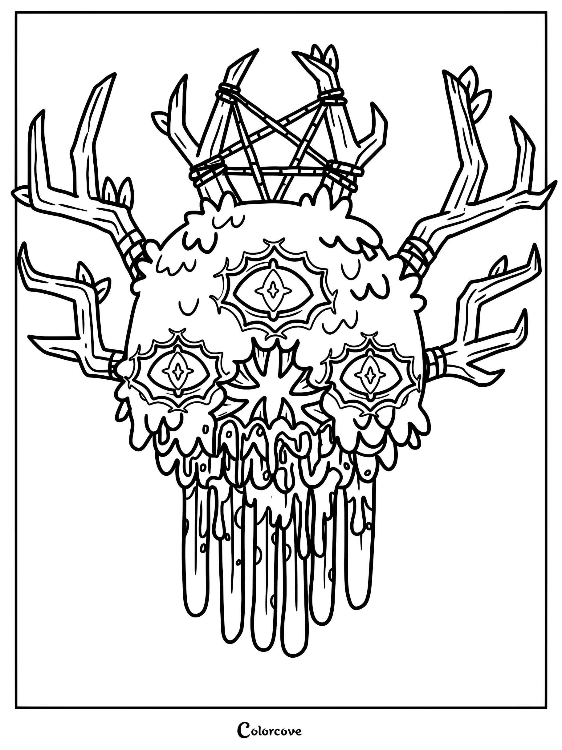 Baalzebub from Cult of the Lamb featuring a melting skull with three eyes and large wooden antlers topped with a pentagram in this printable coloring page.