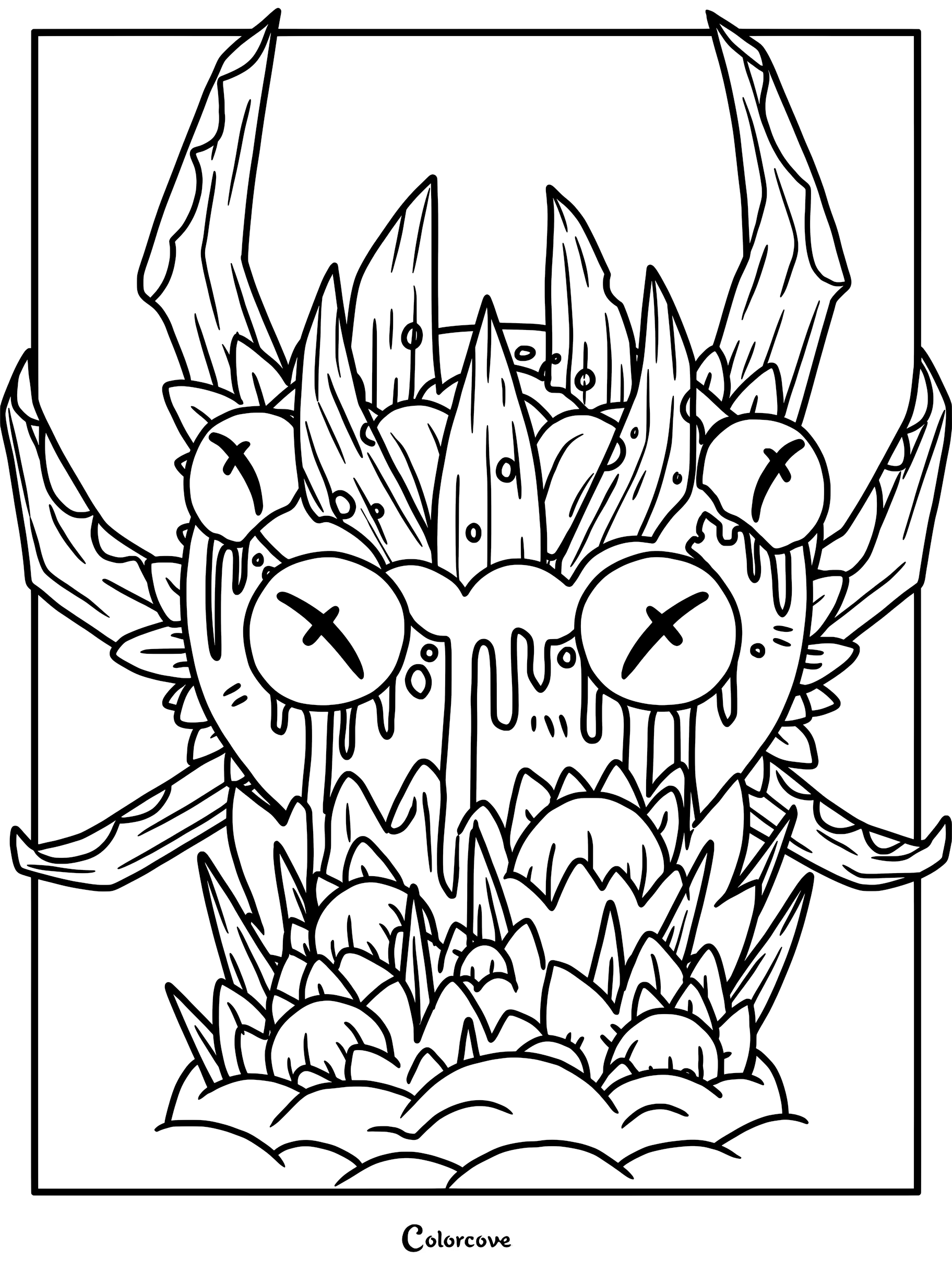 Detailed line art coloring page of Barbatos from Cult of the Lamb featuring multiple eyes and sharp crystalline spikes.