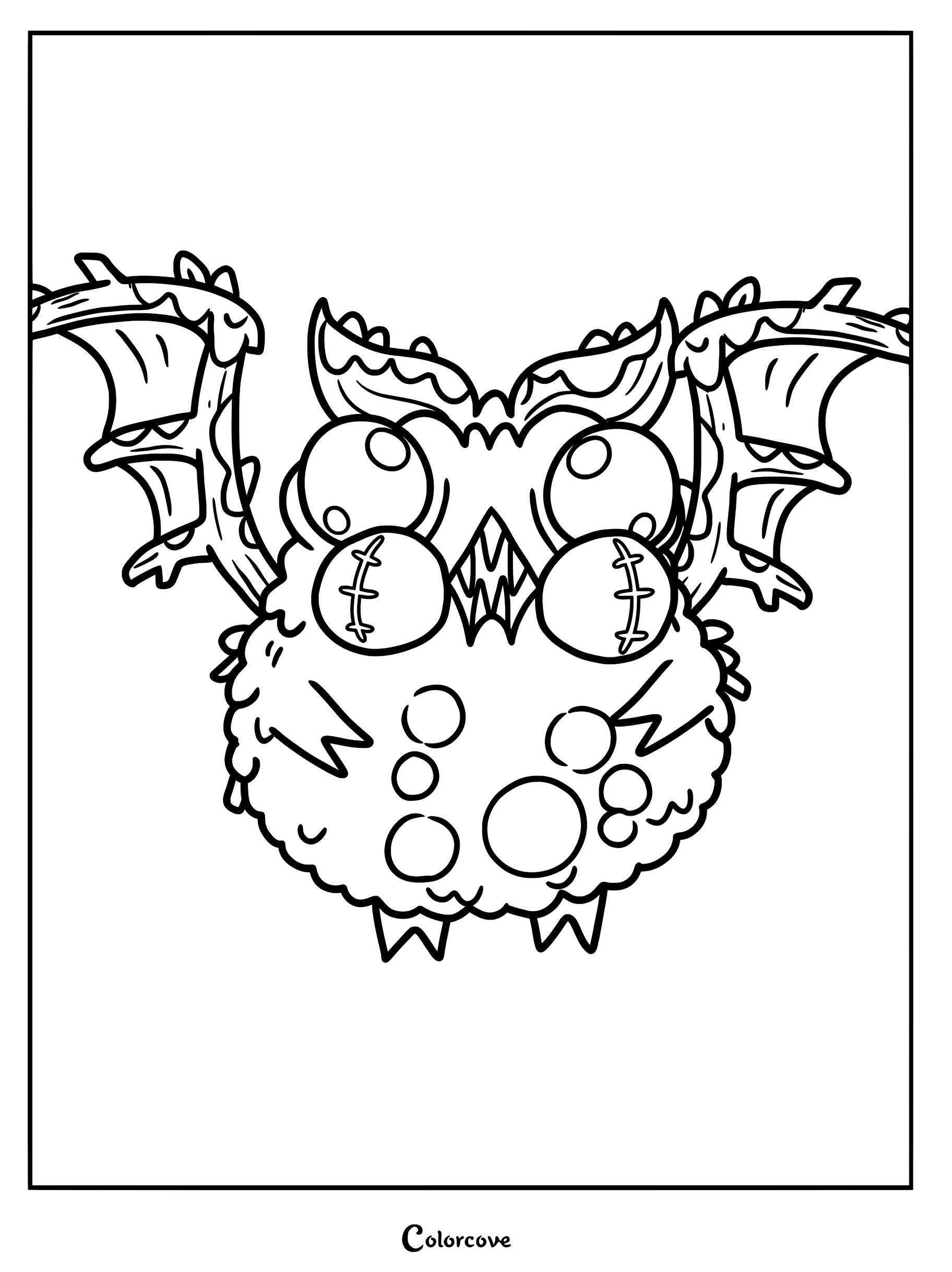 Eligos from Cult of the Lamb with large eyes and stitched cheeks in this printable coloring page.