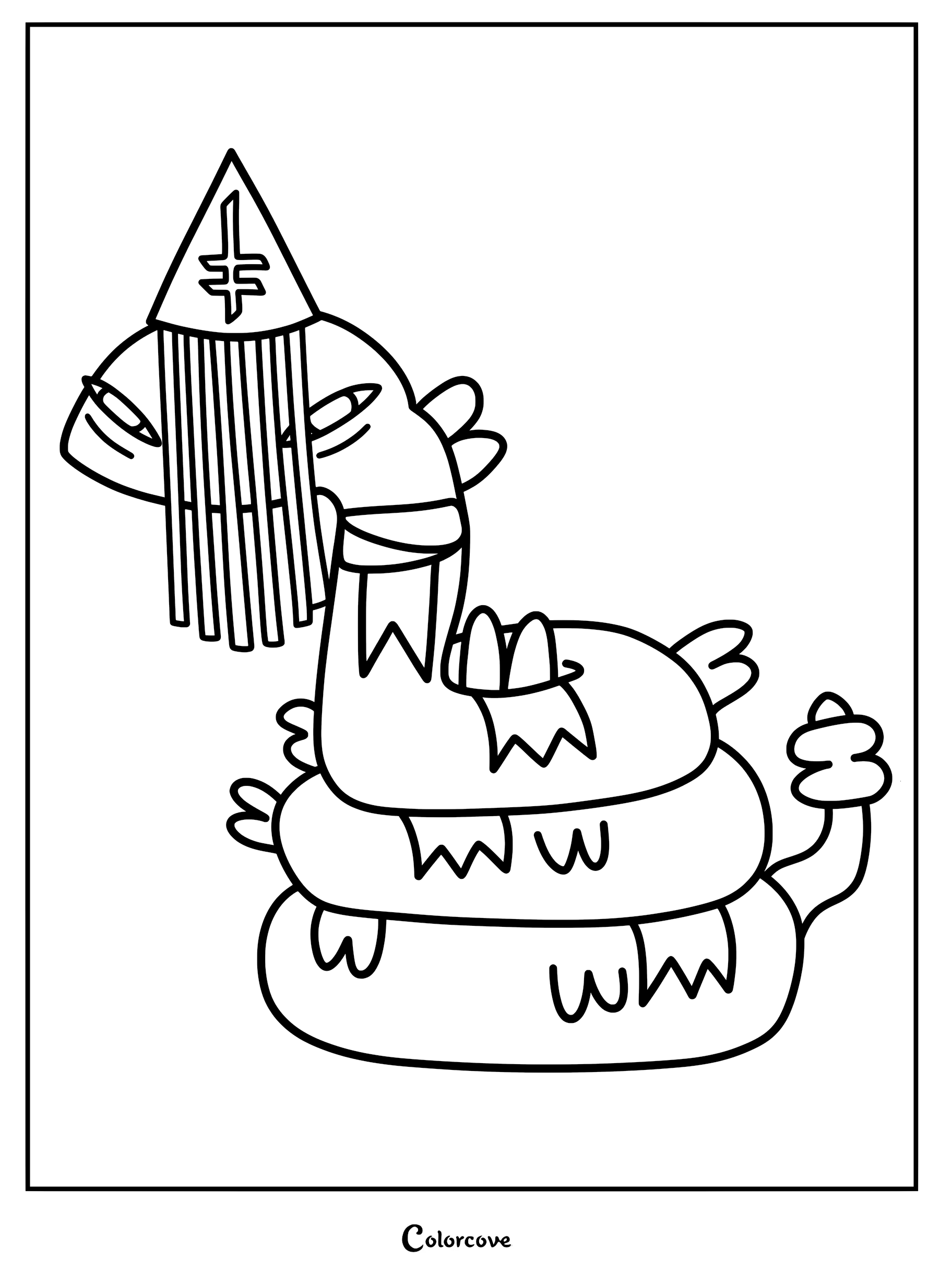 Flinky wearing a tall pointed hat with a fringe, Cult of the Lamb coloring page.