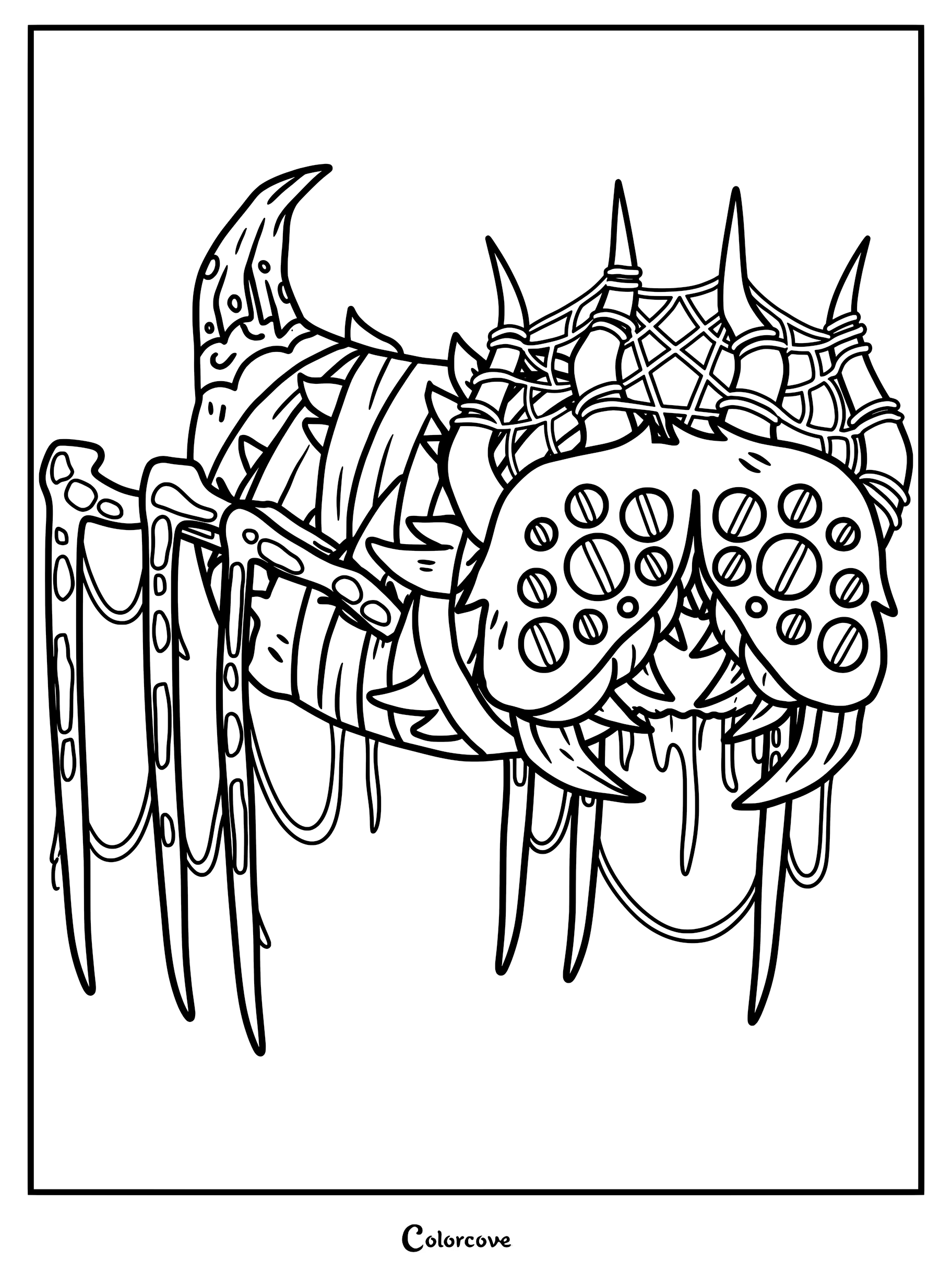A detailed coloring page of Focalor from Cult of the Lamb, featuring the spider-like creature with multiple eyes, sharp fangs, and webbed appendages.