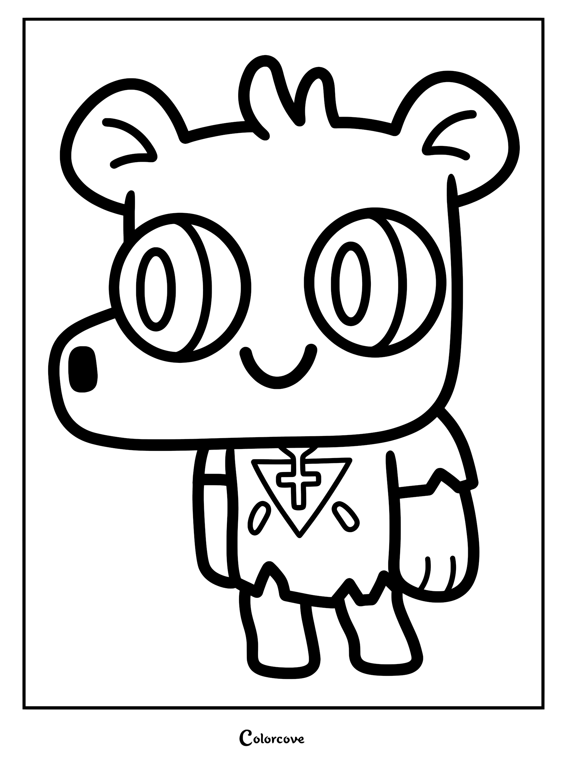 A Cult of the Lamb Follower character featuring large eyes and a triangular necklace in this printable coloring page.
