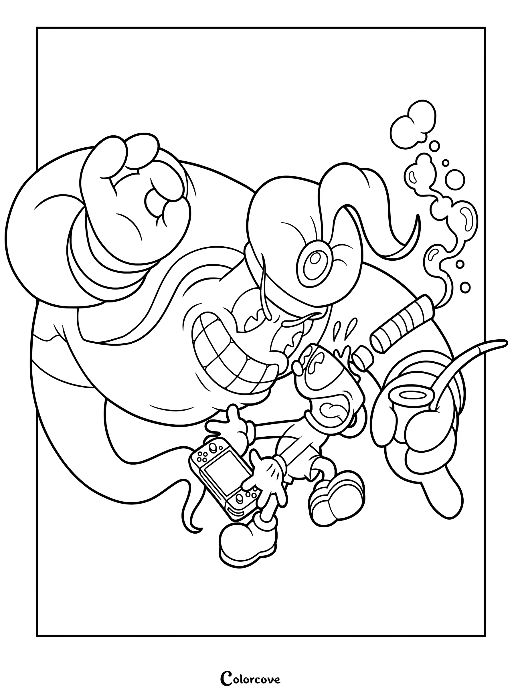 Dibujo para colorear de Cuphead que muestra a Cuphead sosteniendo una Nintendo Switch mientras es amenazado por Djimmi el Grande.