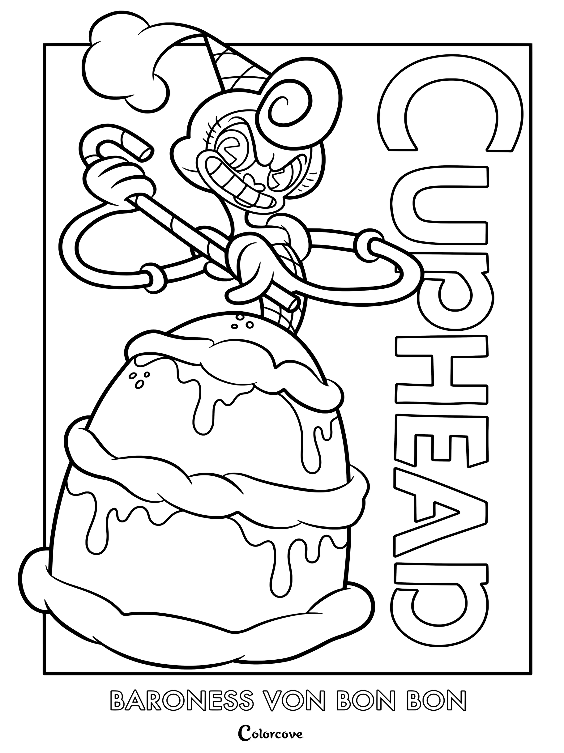Dibujo para colorear de la Baronesa Von Bon Bon del videojuego estilo retro run and gun Cuphead.