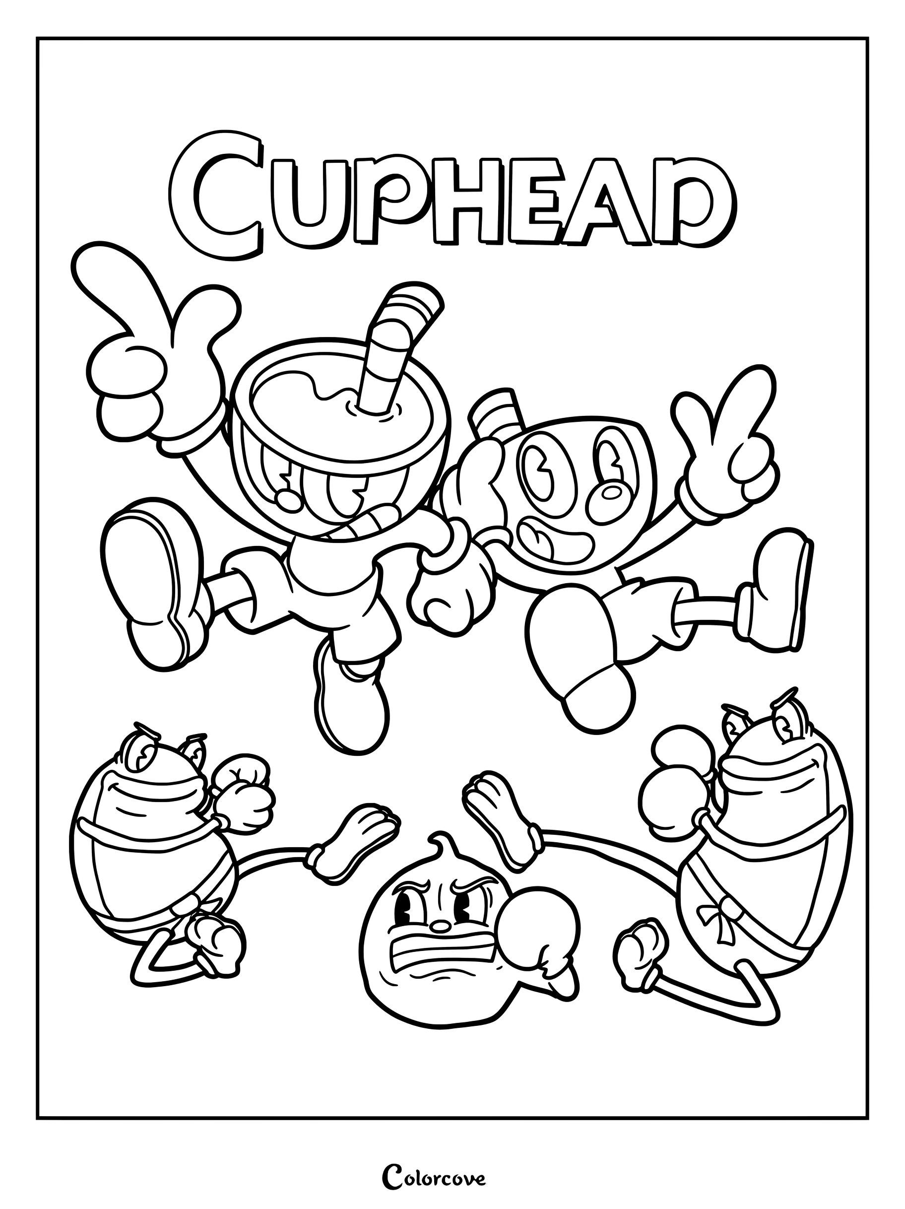 Dibujo para colorear de Cuphead con Cuphead, Mugman y los jefes Ribby y Croaks.