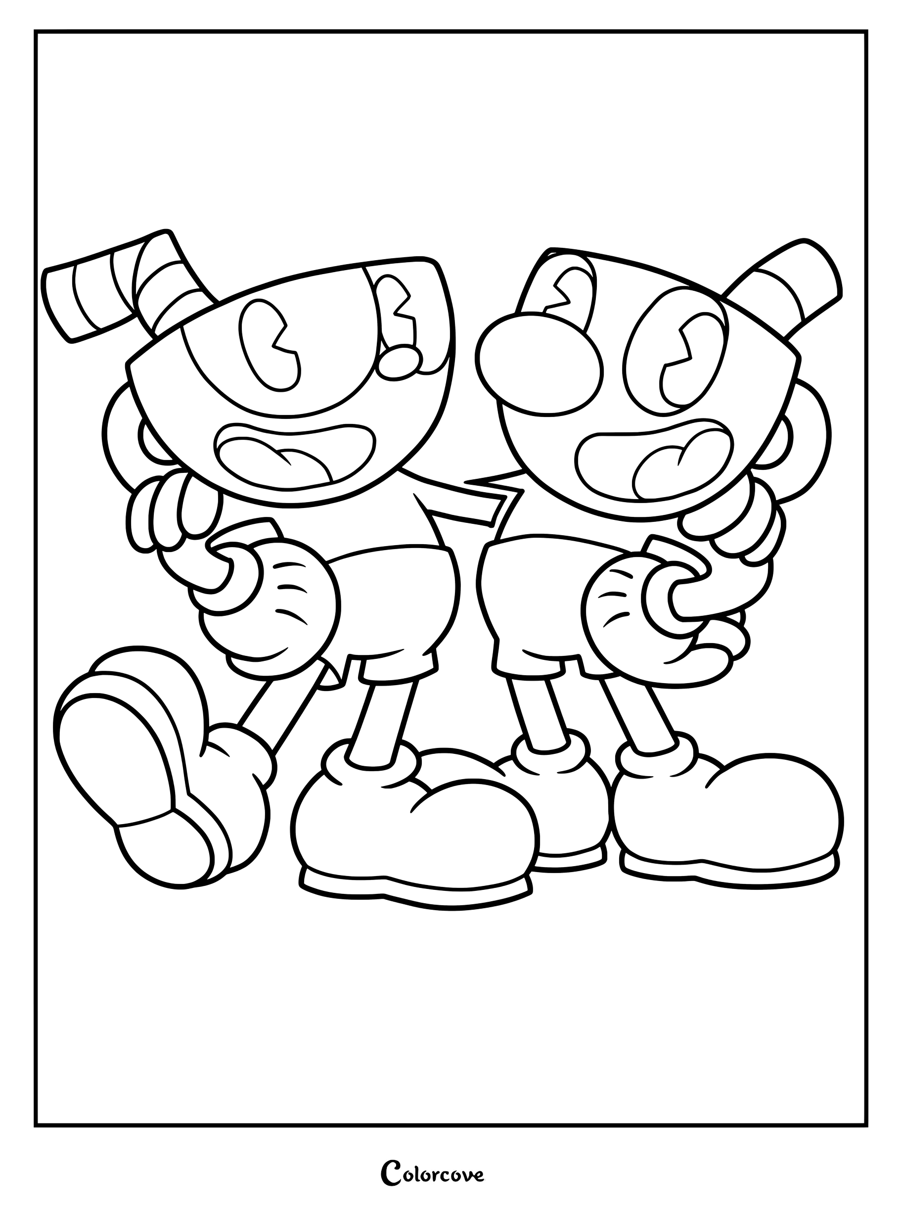 Dibujo para colorear de Cuphead y Mugman con los dos hermanos de pie uno al lado del otro.