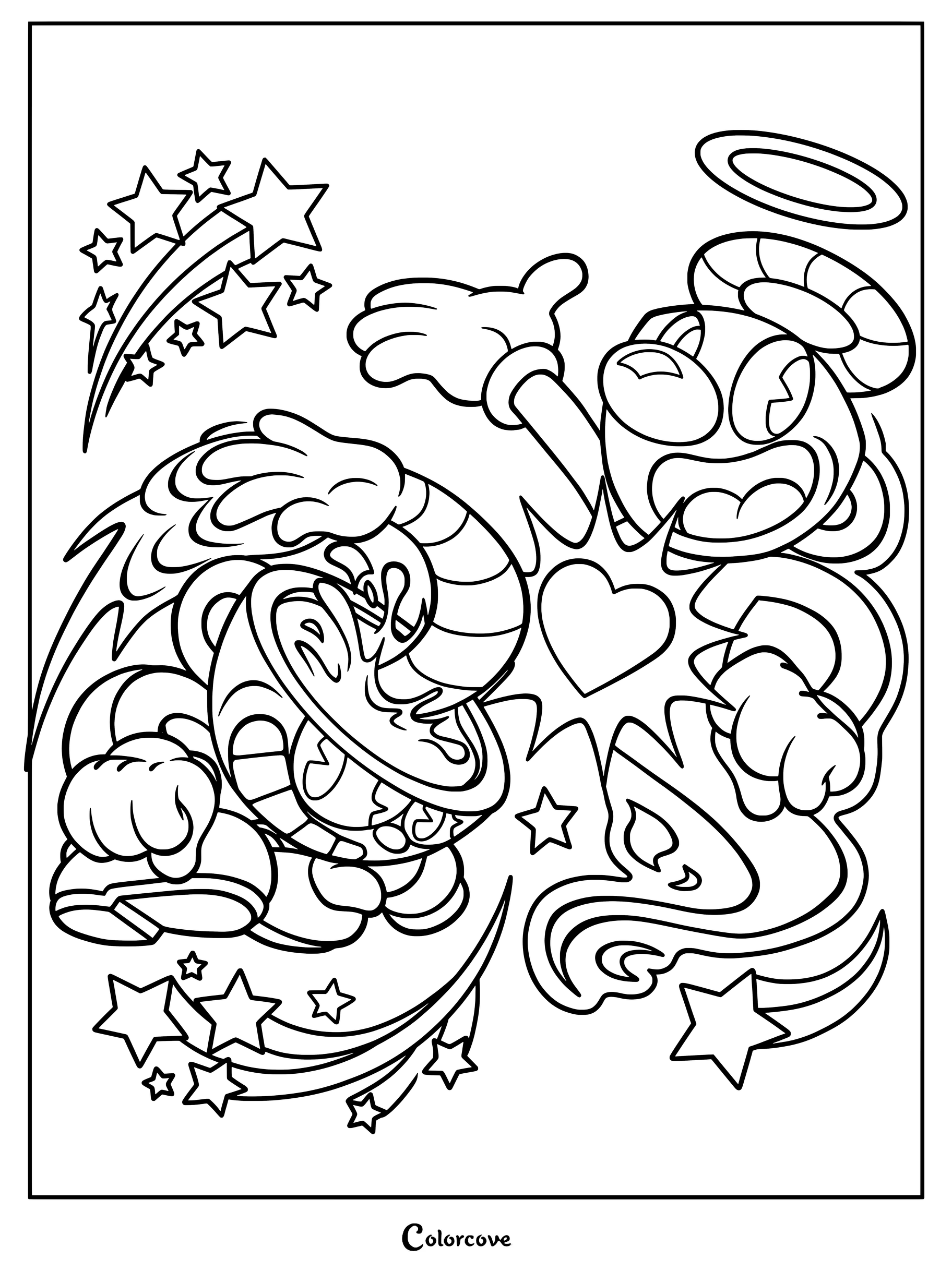 Dibujo imprimible para colorear de Cuphead realizando un parry junto a una versión fantasmal y brillante de Mugman con un corazón rosa.